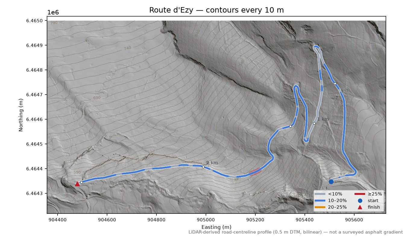 Route d'Ezy LiDAR hillshade map with contours
