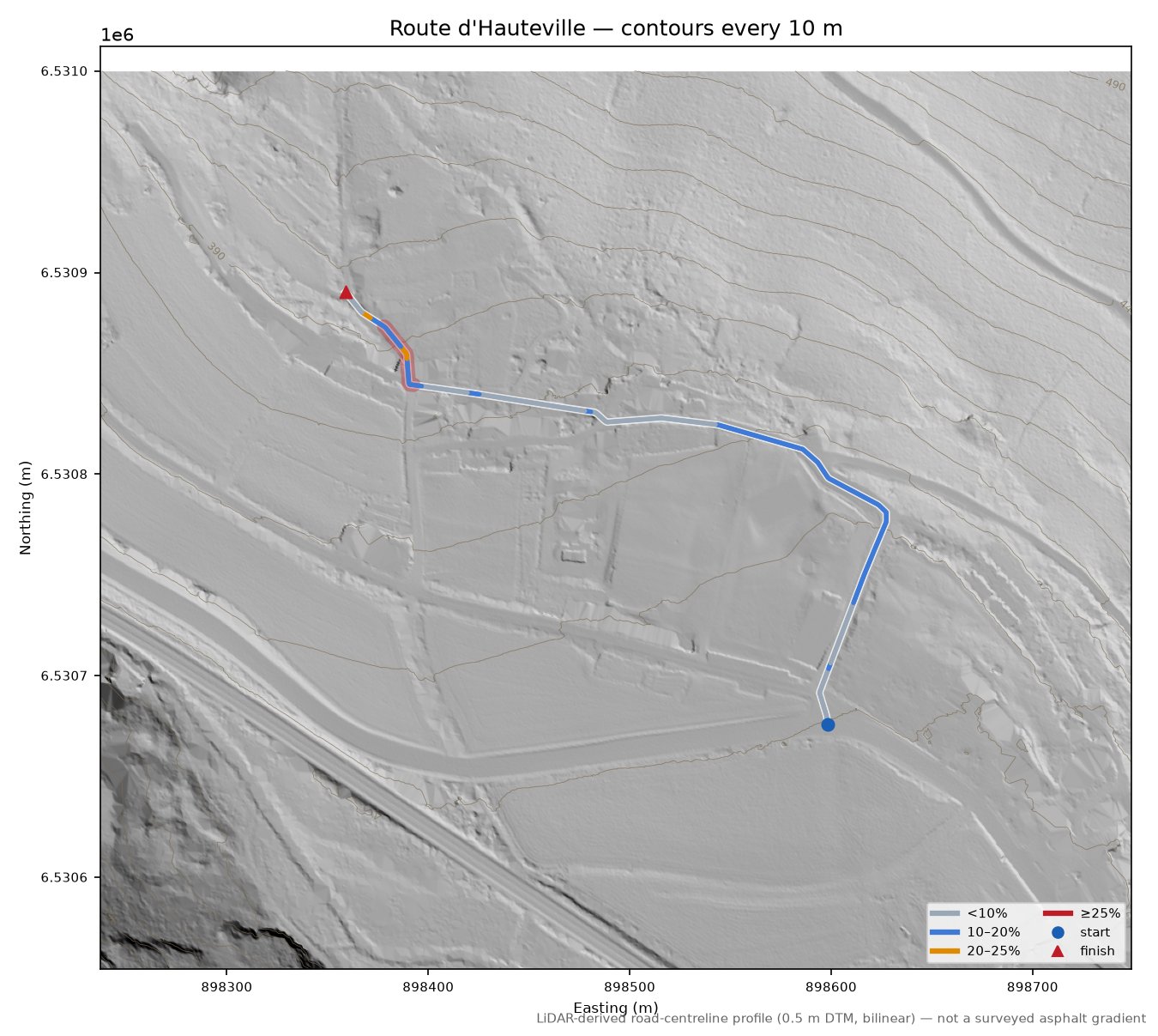 Route d'Hauteville LiDAR hillshade map with contours