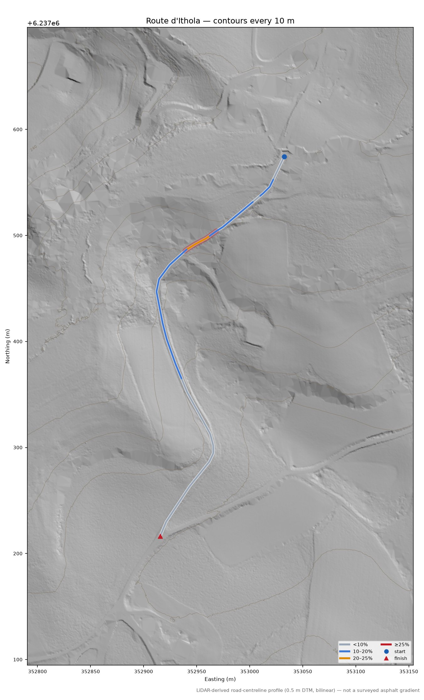Route d'Ithola LiDAR hillshade map with contours