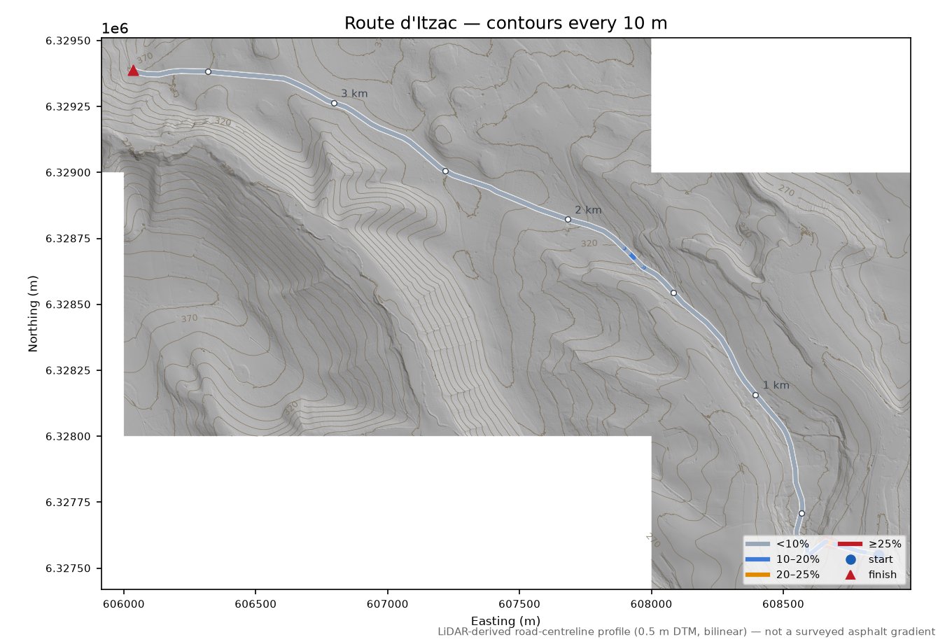 Route d'Itzac LiDAR hillshade map with contours