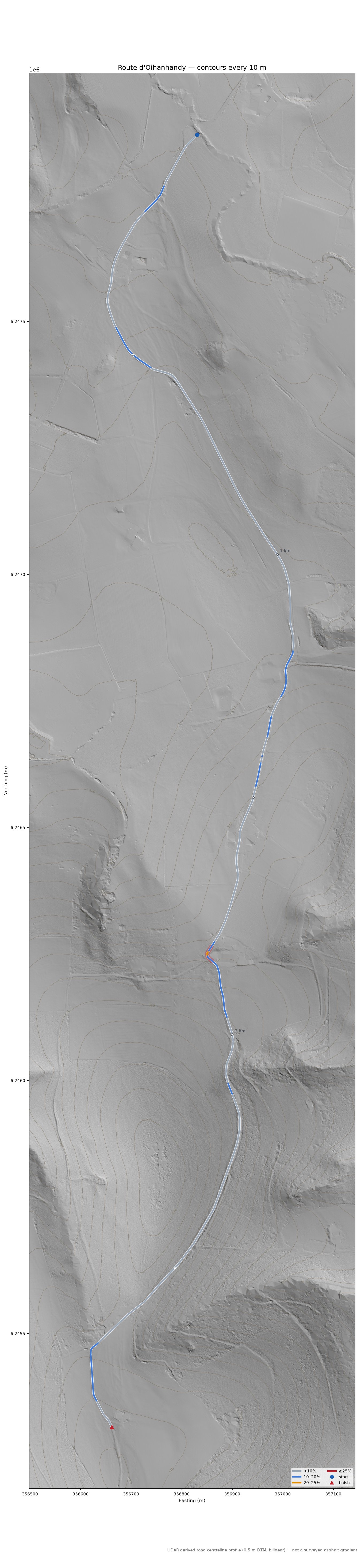 Route d'Oihanhandy LiDAR hillshade map with contours