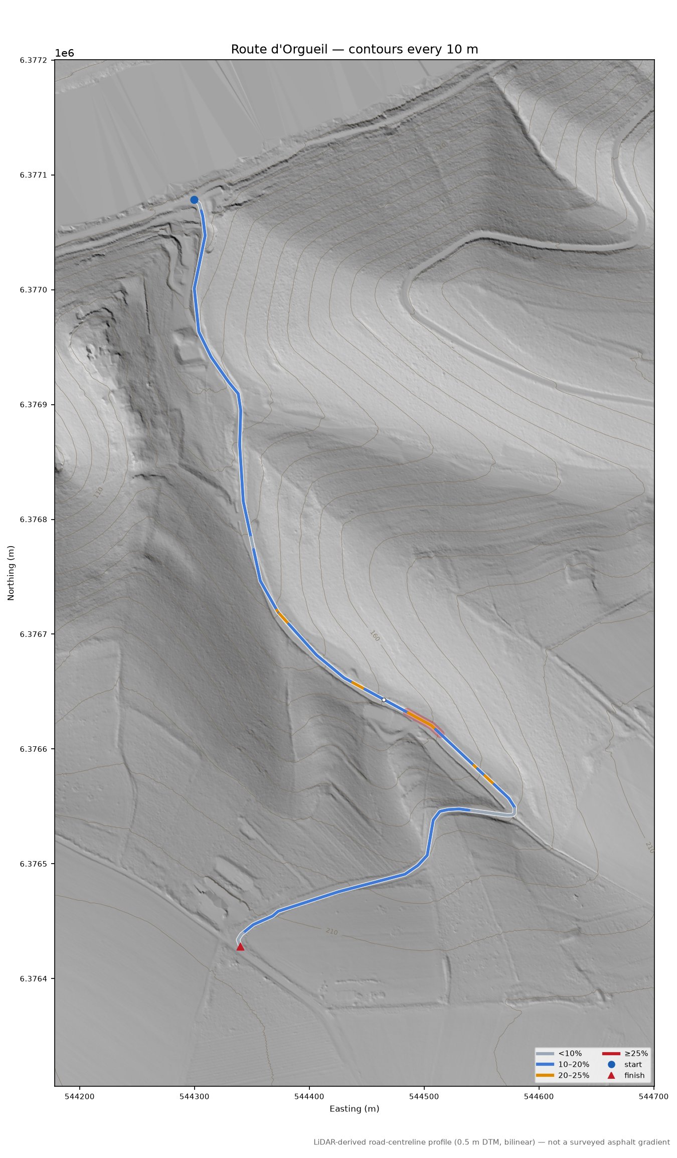 Route d'Orgueil LiDAR hillshade map with contours