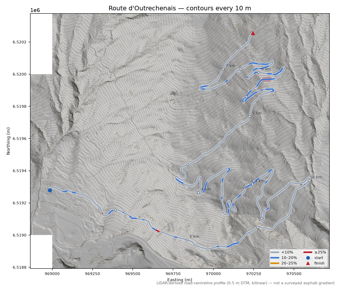 Route d'Outrechenais LiDAR hillshade map with contours