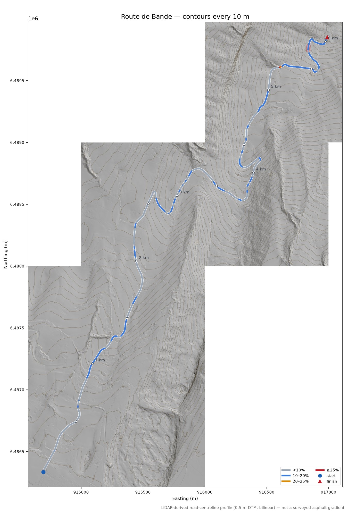 Route de Bande LiDAR hillshade map with contours