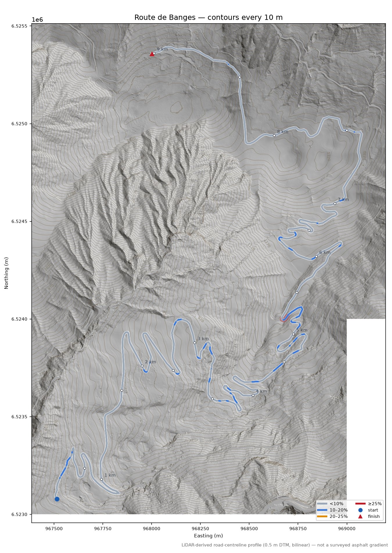 Route de Banges LiDAR hillshade map with contours