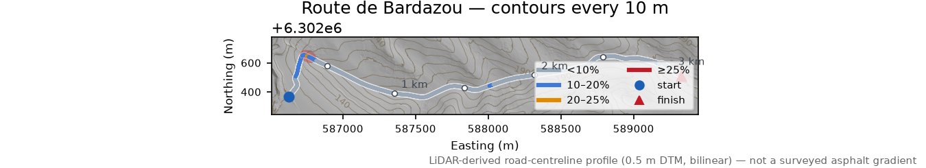 Route de Bardazou LiDAR hillshade map with contours