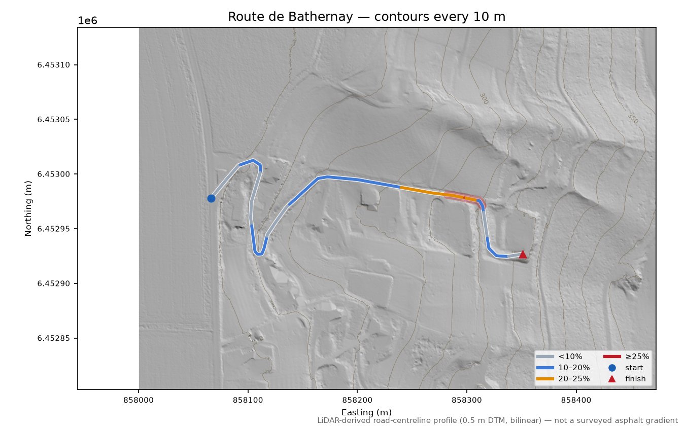 Route de Bathernay LiDAR hillshade map with contours