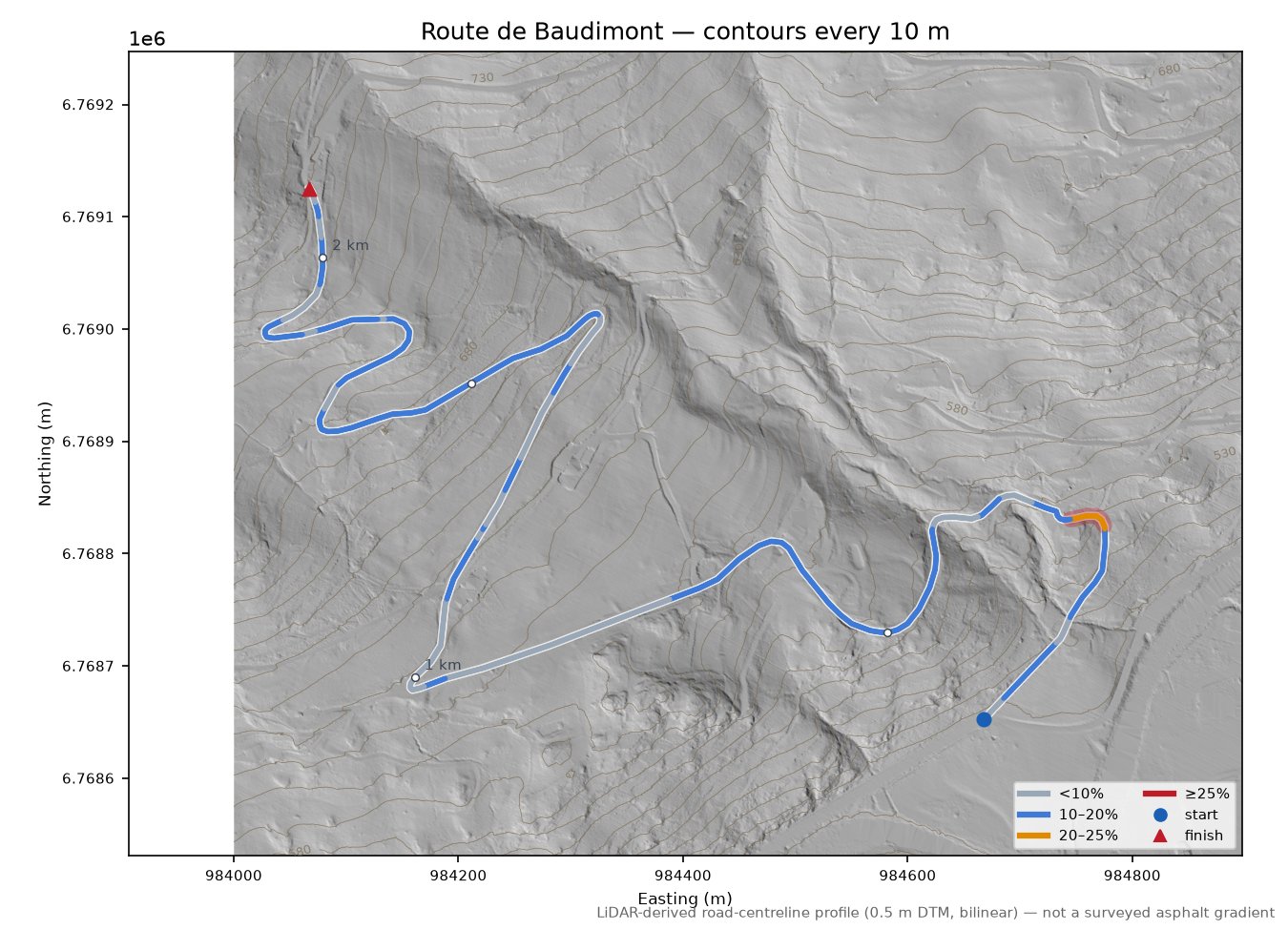 Route de Baudimont LiDAR hillshade map with contours