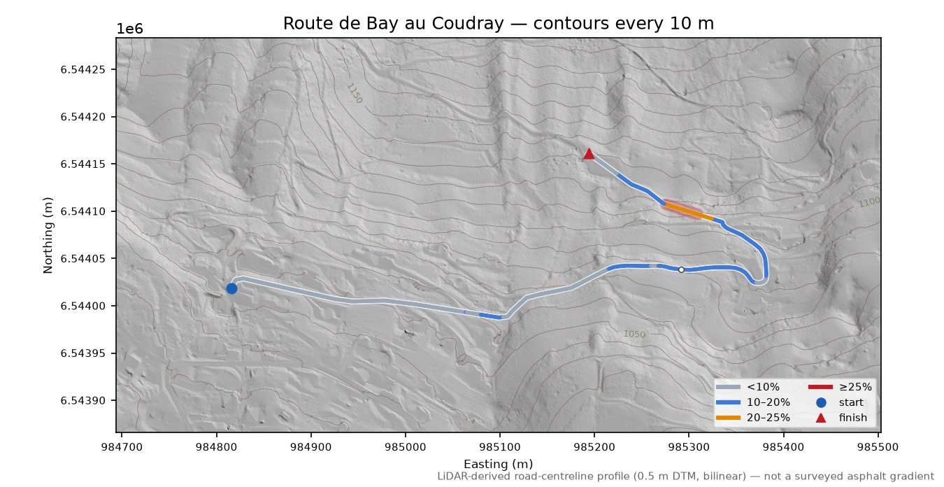 Route de Bay au Coudray LiDAR hillshade map with contours
