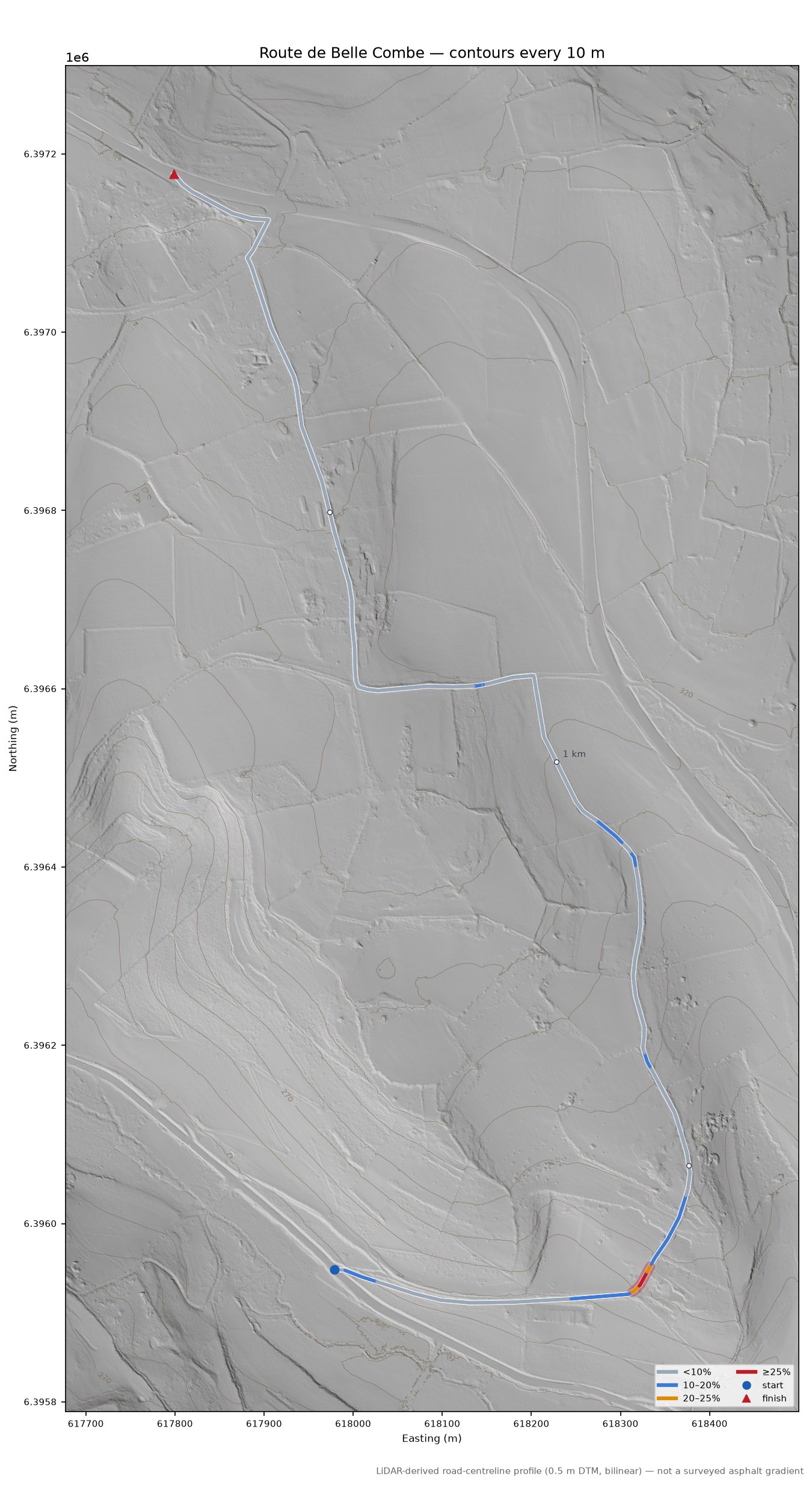 Route de Belle Combe LiDAR hillshade map with contours