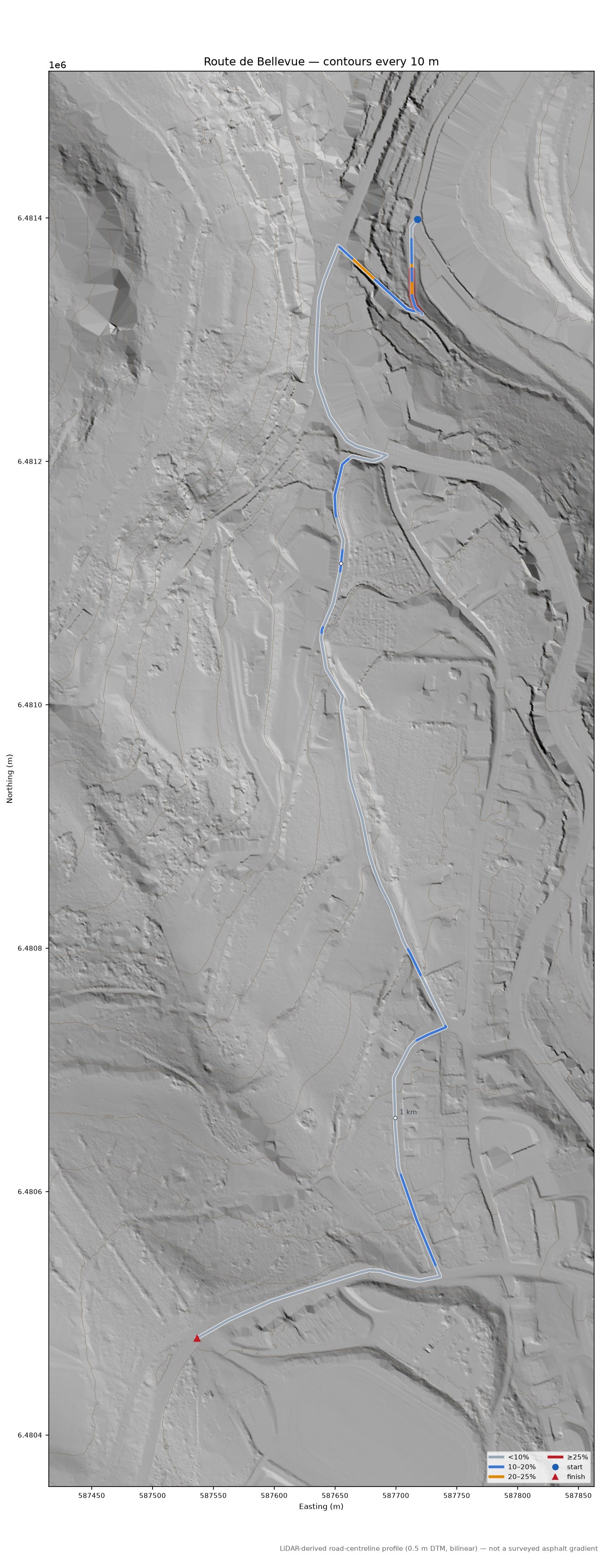 Route de Bellevue LiDAR hillshade map with contours