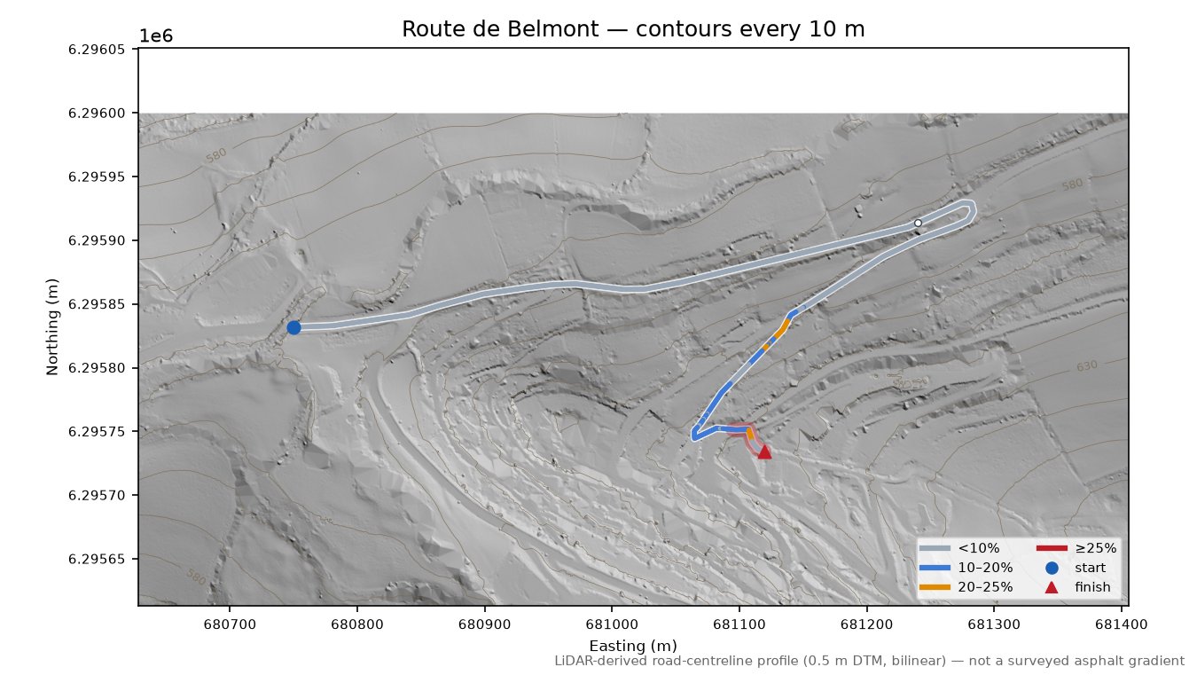 Route de Belmont LiDAR hillshade map with contours