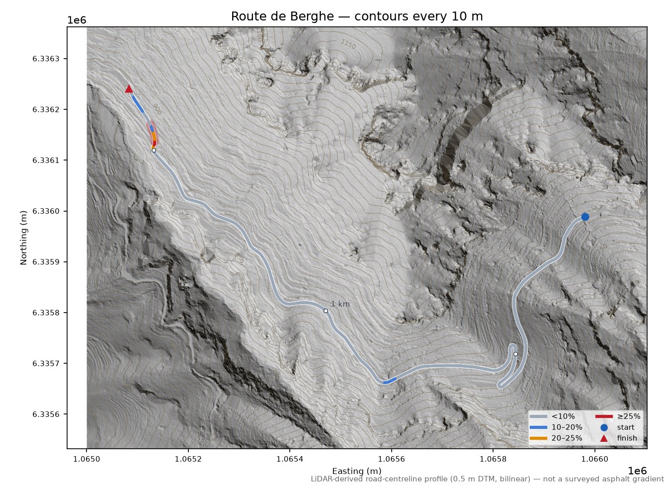 Route de Berghe LiDAR hillshade map with contours