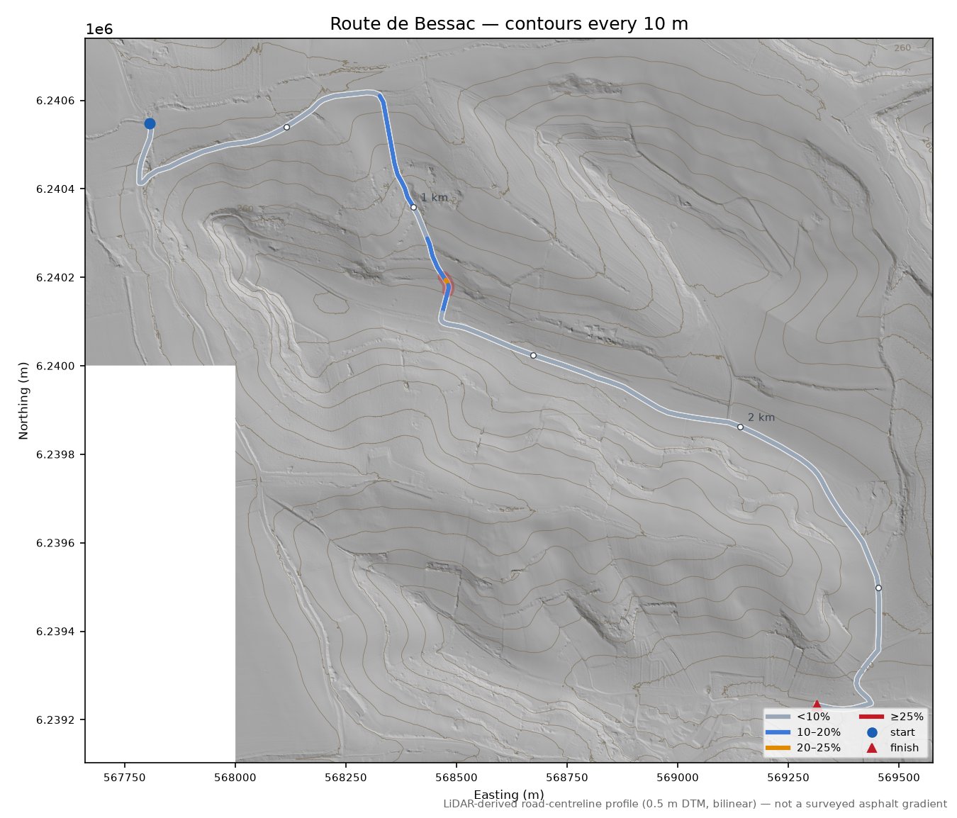 Route de Bessac LiDAR hillshade map with contours