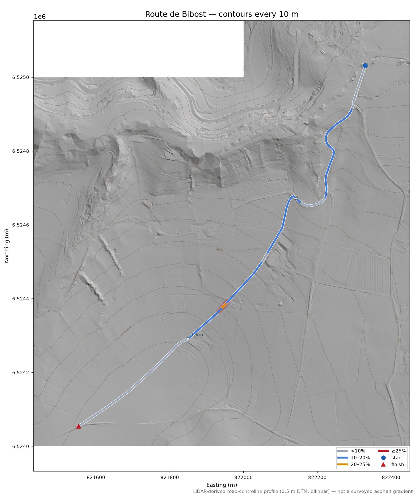 Route de Bibost LiDAR hillshade map with contours