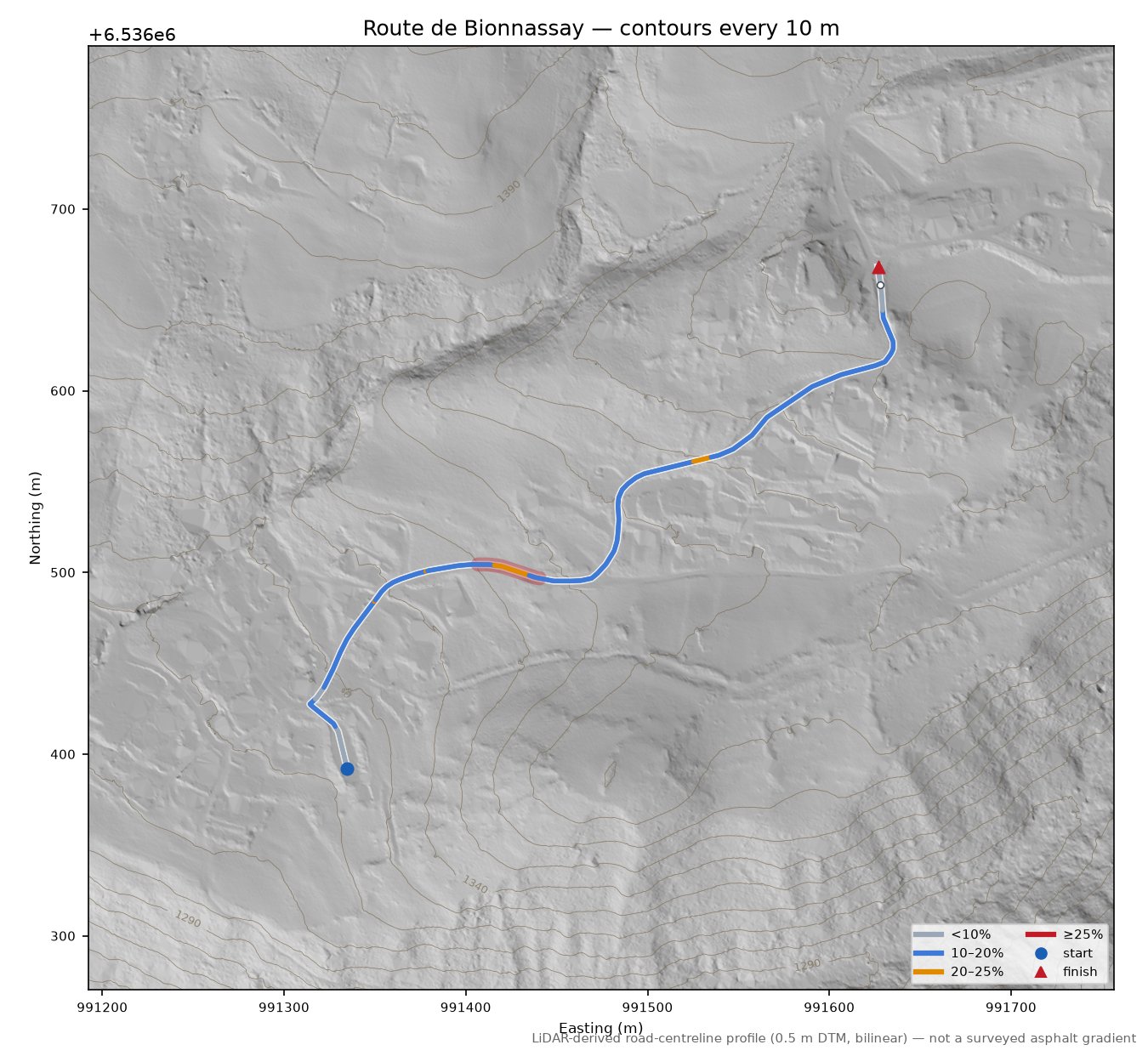 Route de Bionnassay LiDAR hillshade map with contours