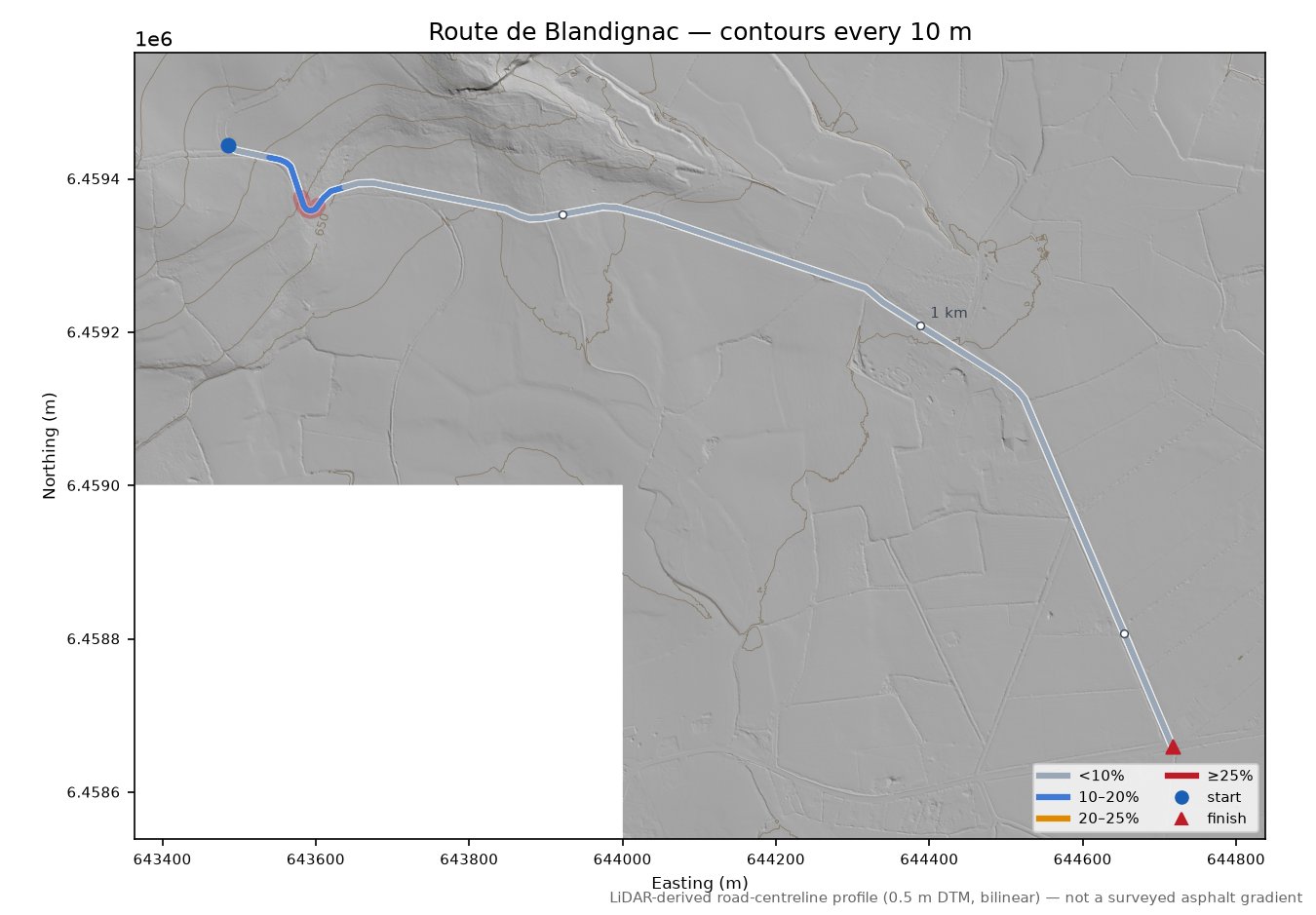 Route de Blandignac LiDAR hillshade map with contours