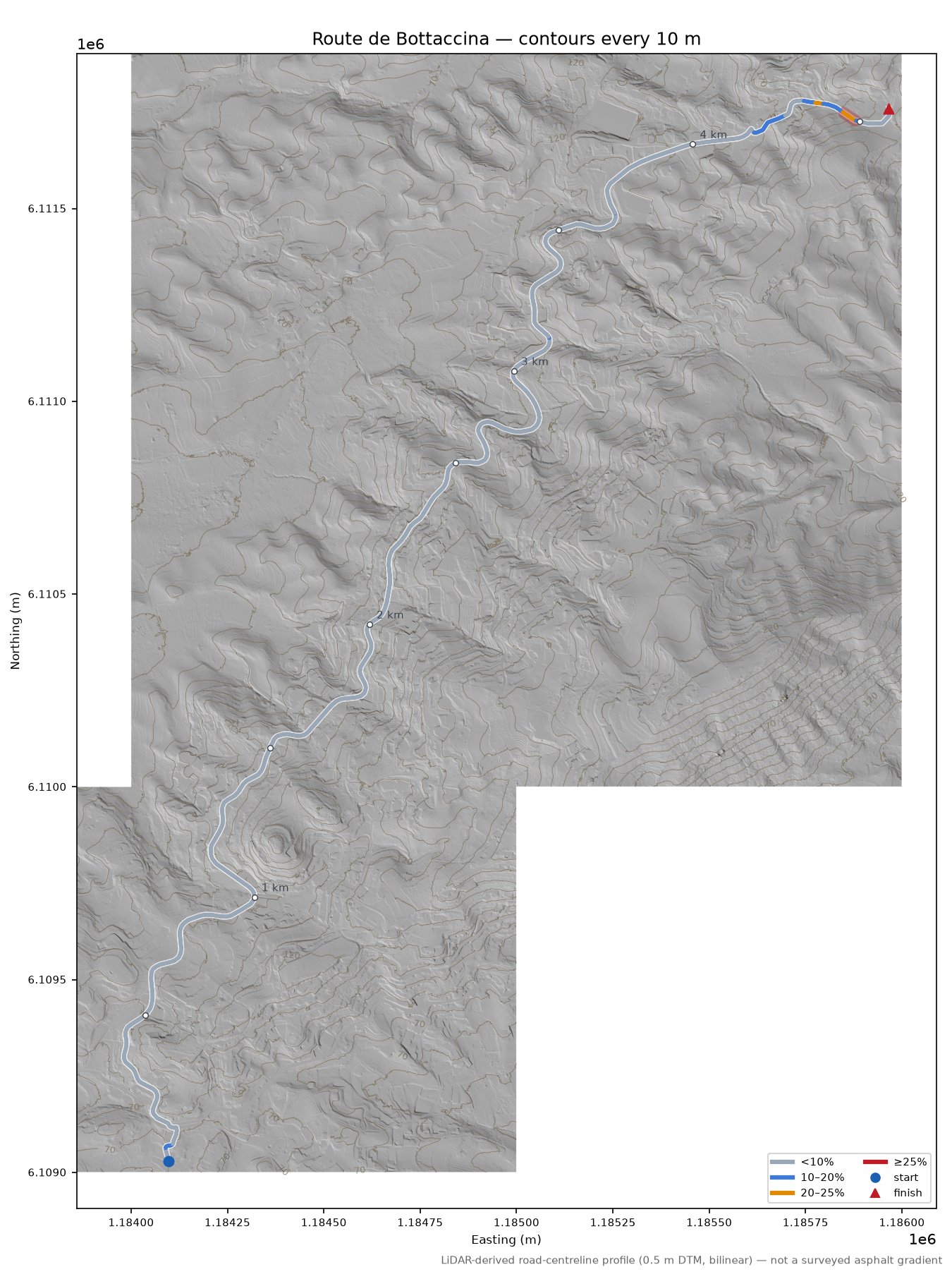 Route de Bottaccina LiDAR hillshade map with contours