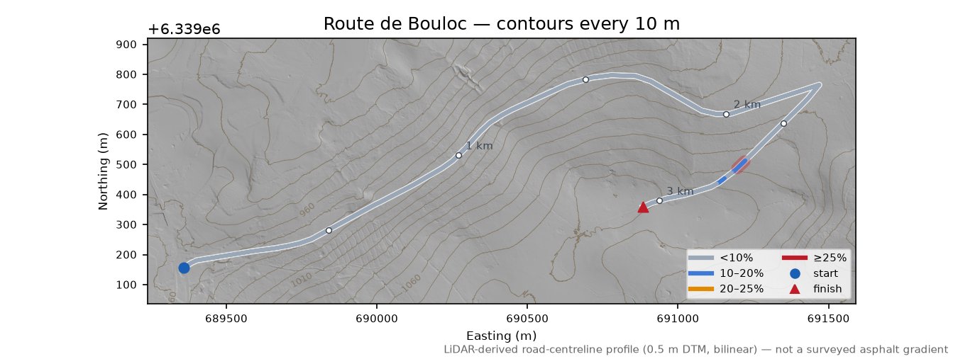 Route de Bouloc LiDAR hillshade map with contours