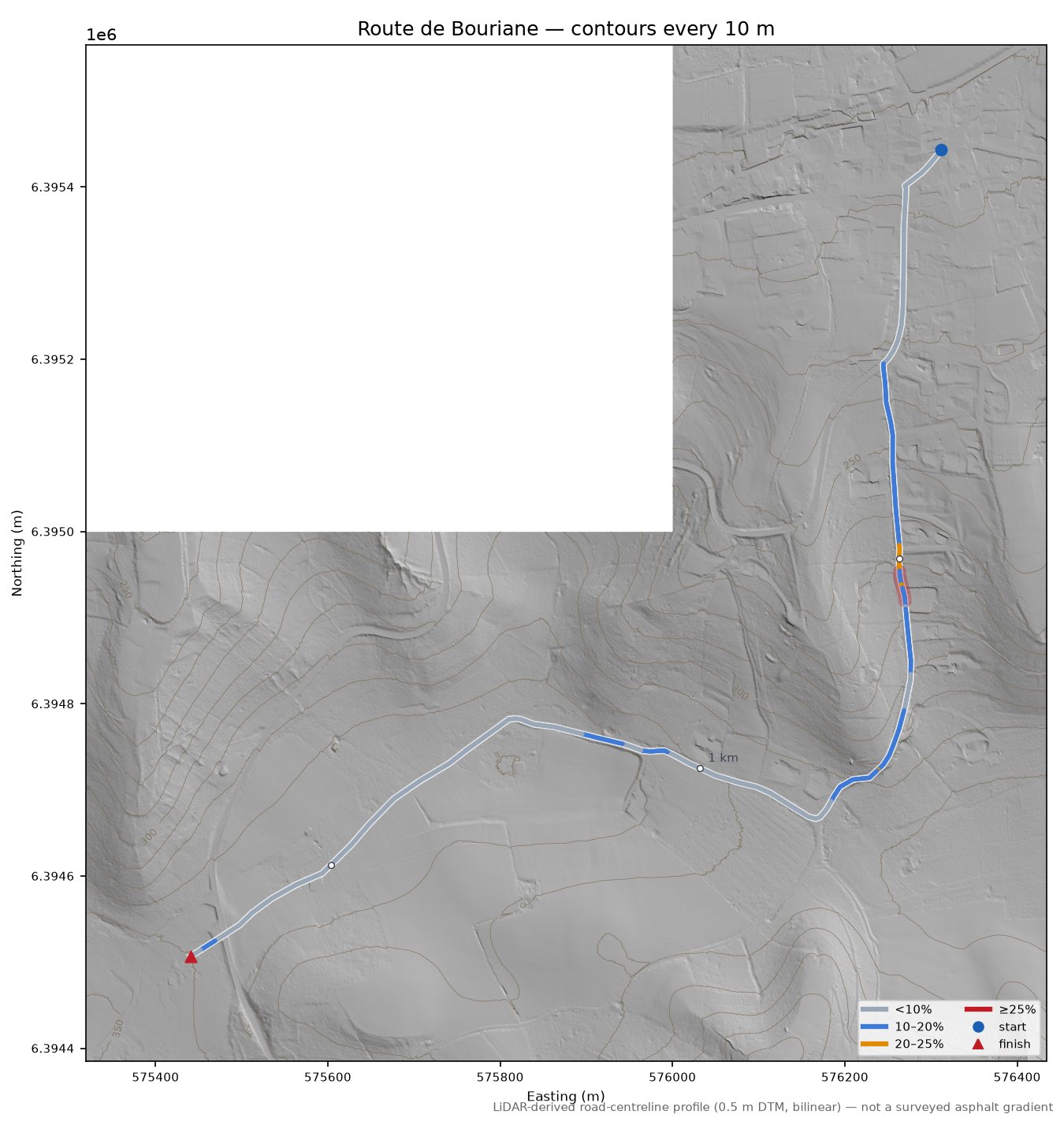 Route de Bouriane LiDAR hillshade map with contours