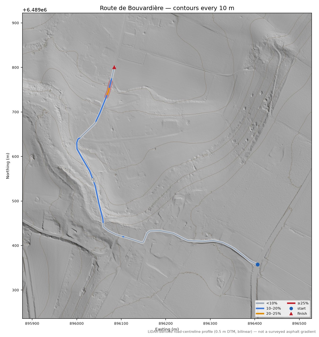Route de Bouvardière LiDAR hillshade map with contours