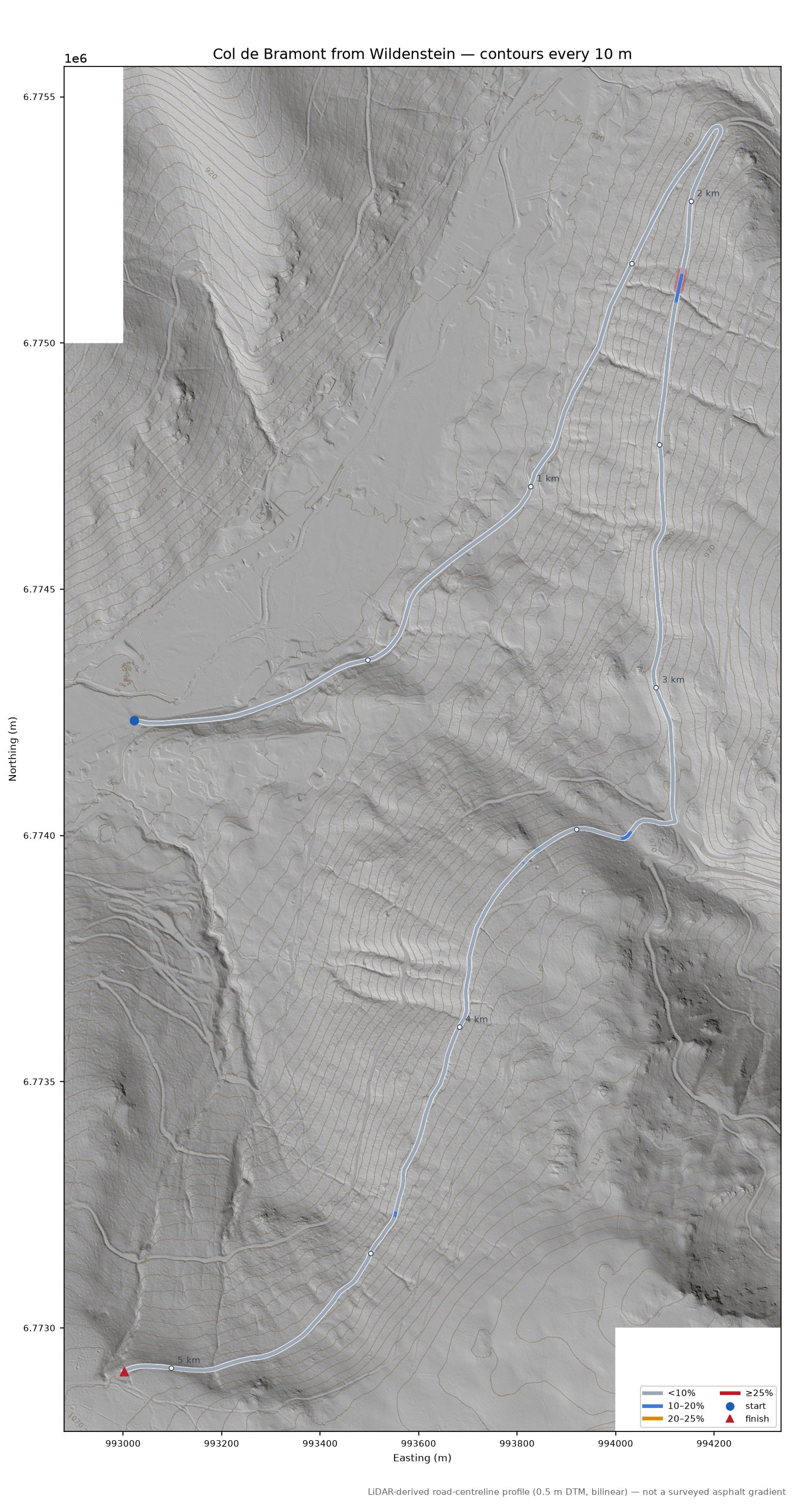 Route de Bramont LiDAR hillshade map with contours