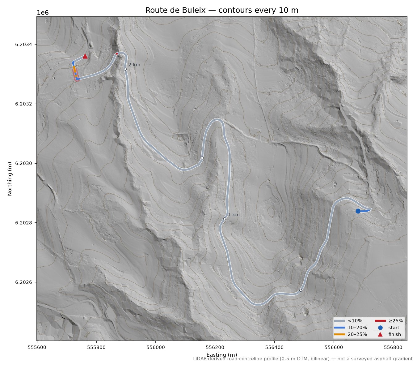 Route de Buleix LiDAR hillshade map with contours