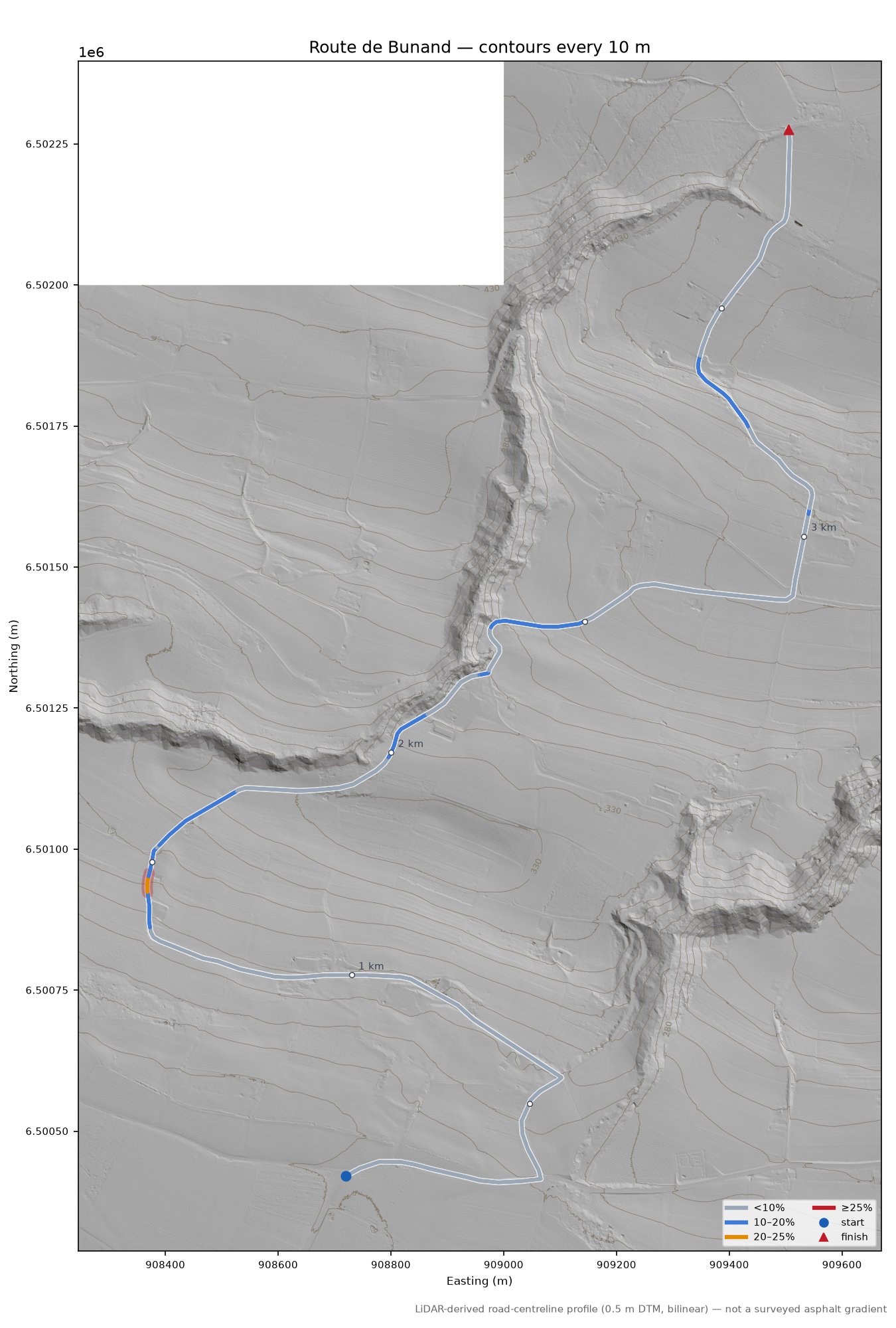 Route de Bunand LiDAR hillshade map with contours