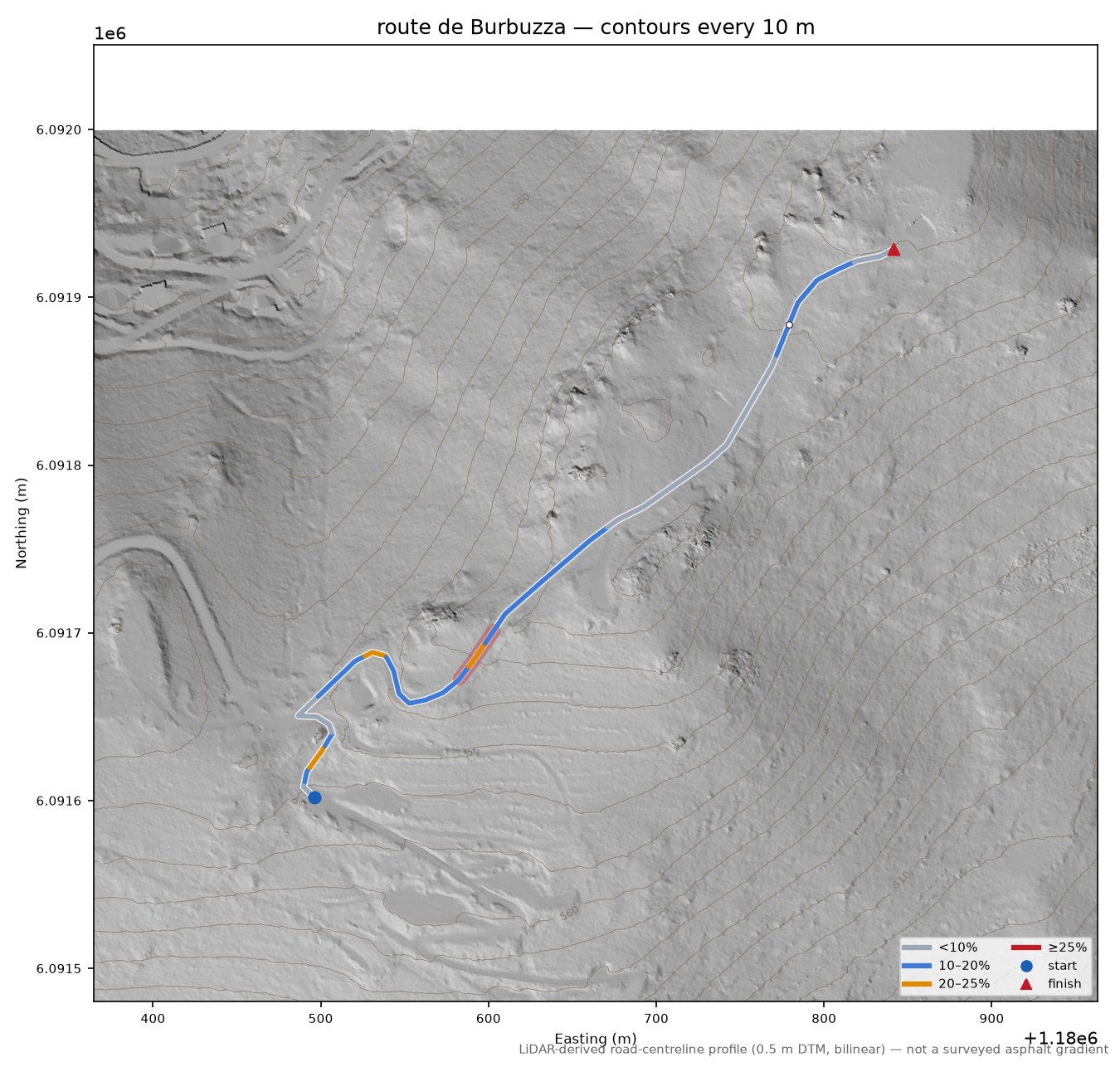 route de Burbuzza LiDAR hillshade map with contours