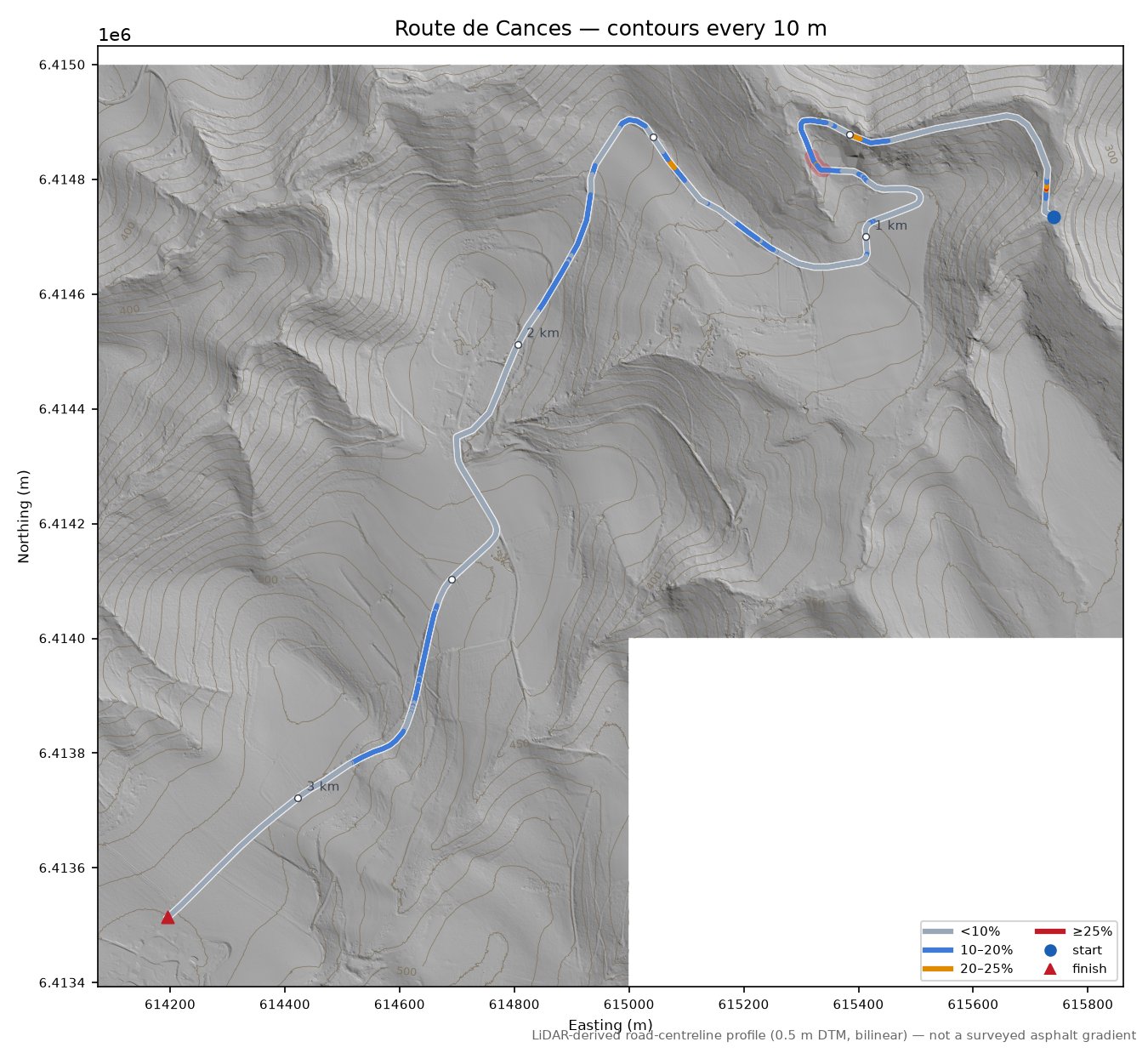Route de Cances LiDAR hillshade map with contours