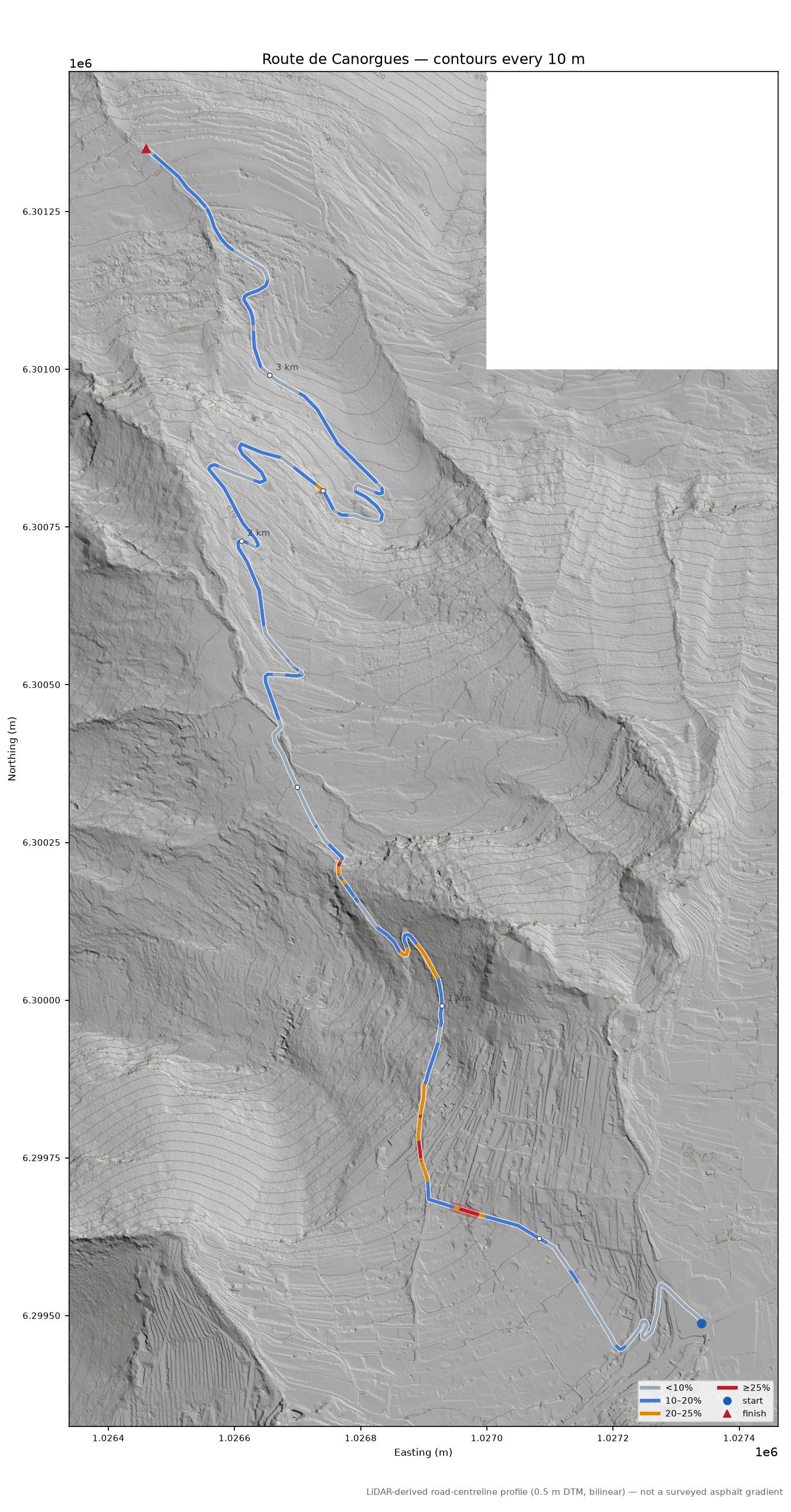 Route de Canorgues LiDAR hillshade map with contours