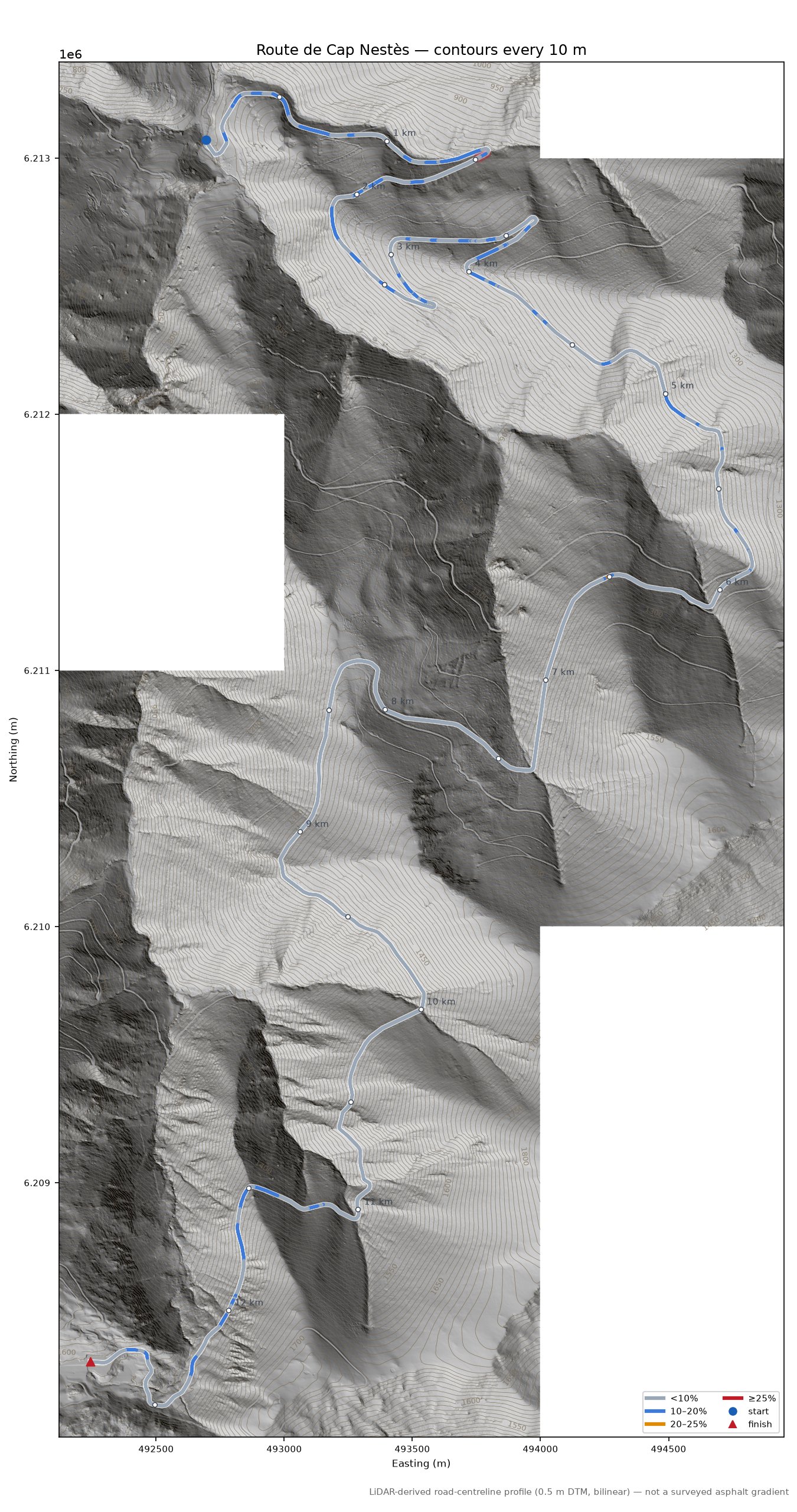 Route de Cap Nestès LiDAR hillshade map with contours