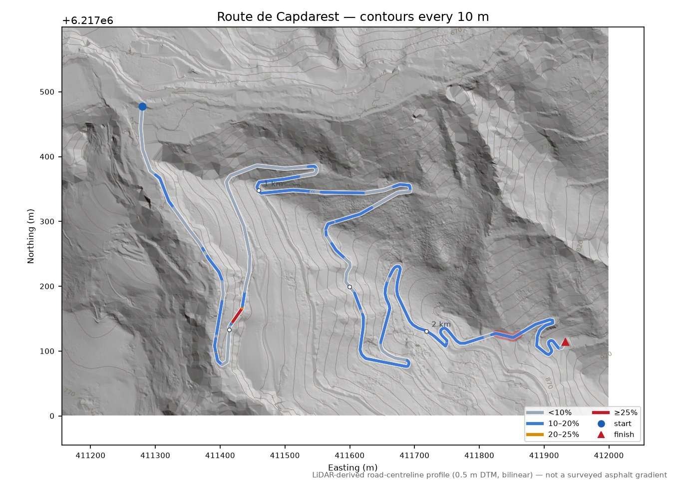 Route de Capdarest LiDAR hillshade map with contours