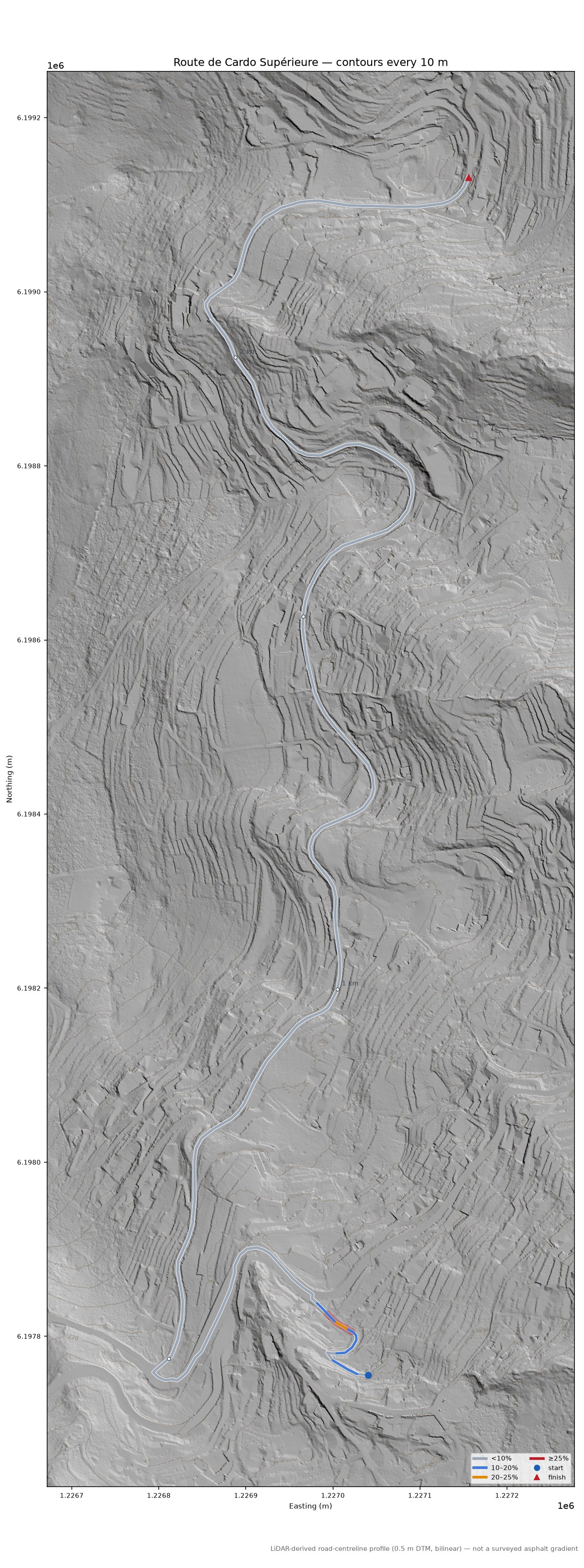Route de Cardo Supérieure LiDAR hillshade map with contours