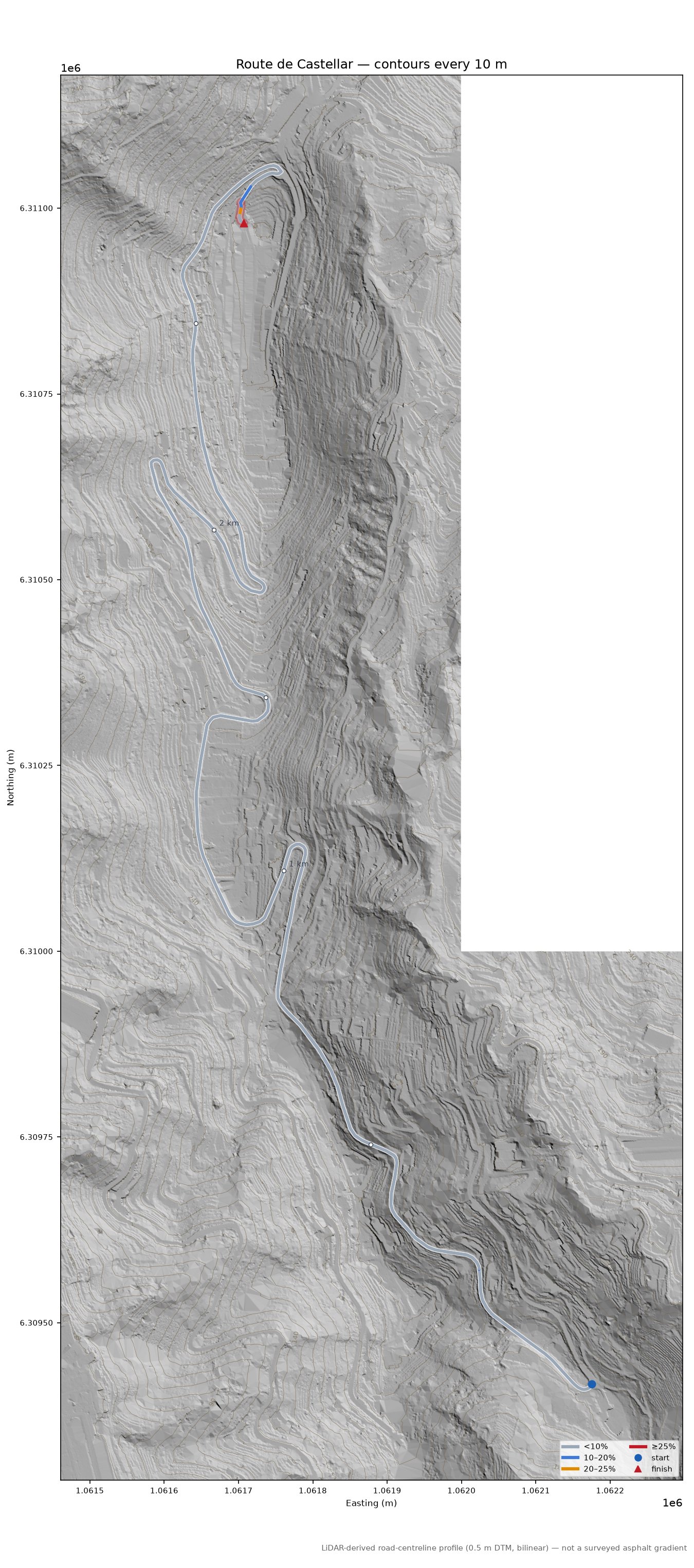 Route de Castellar LiDAR hillshade map with contours