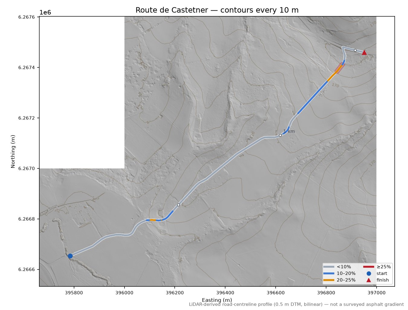 Route de Castetner LiDAR hillshade map with contours