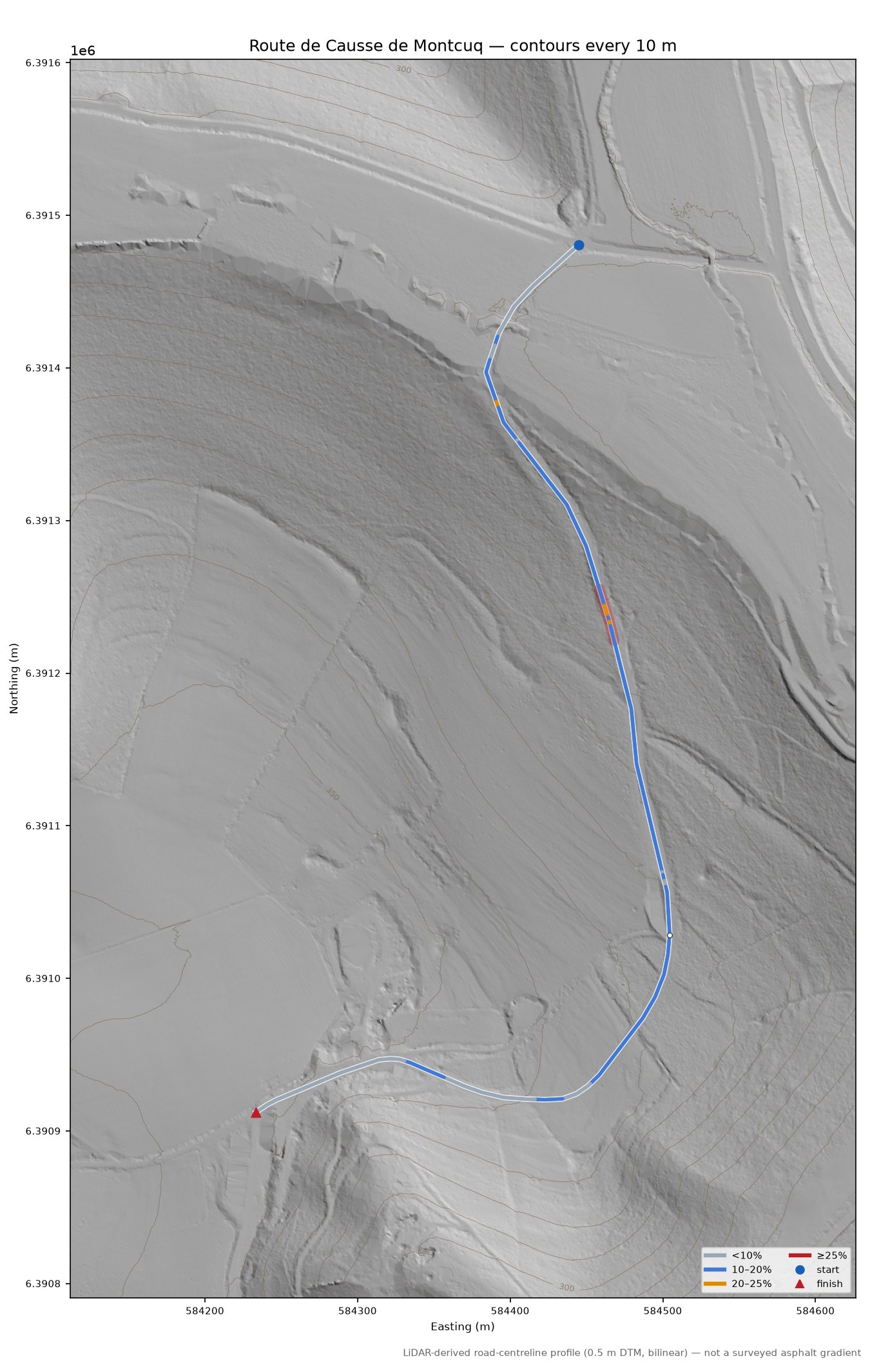 Route de Causse de Montcuq LiDAR hillshade map with contours