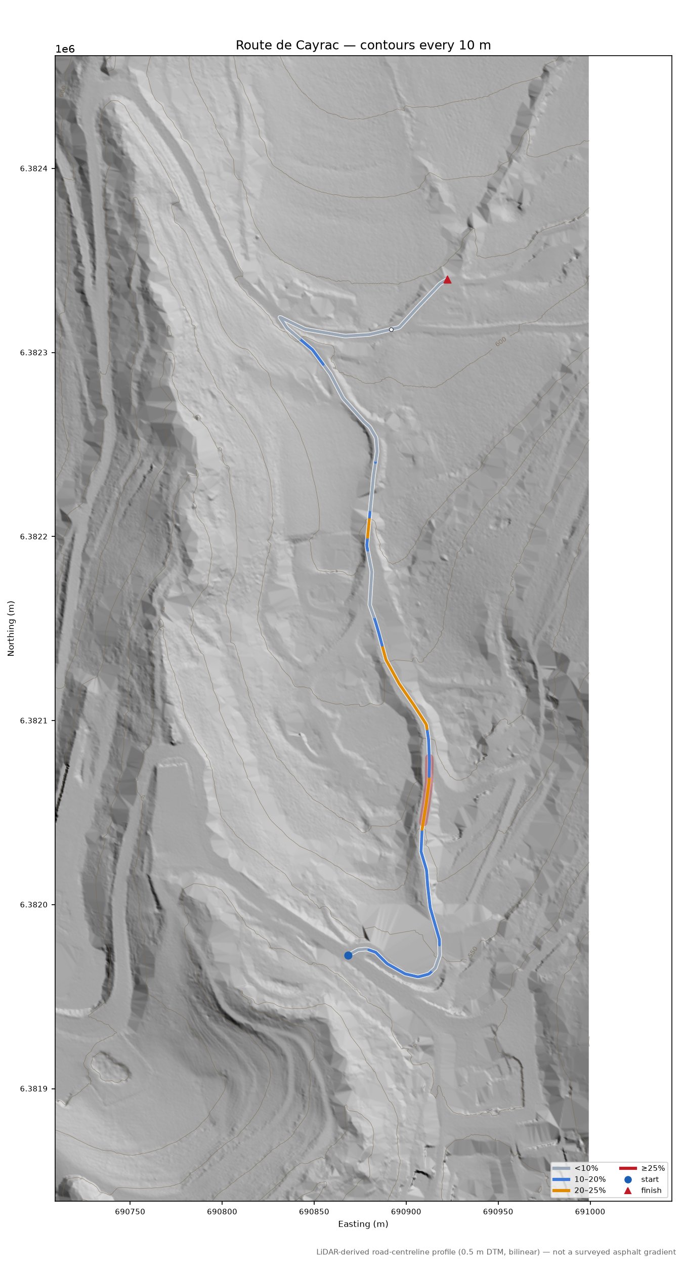 Route de Cayrac LiDAR hillshade map with contours