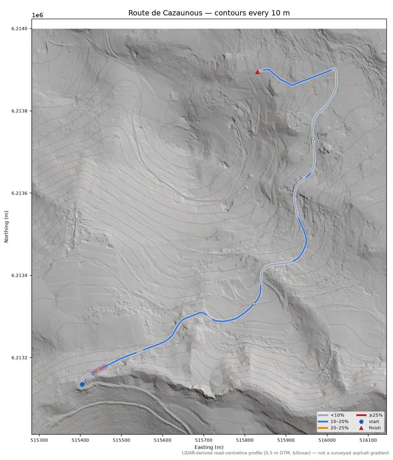 Route de Cazaunous LiDAR hillshade map with contours