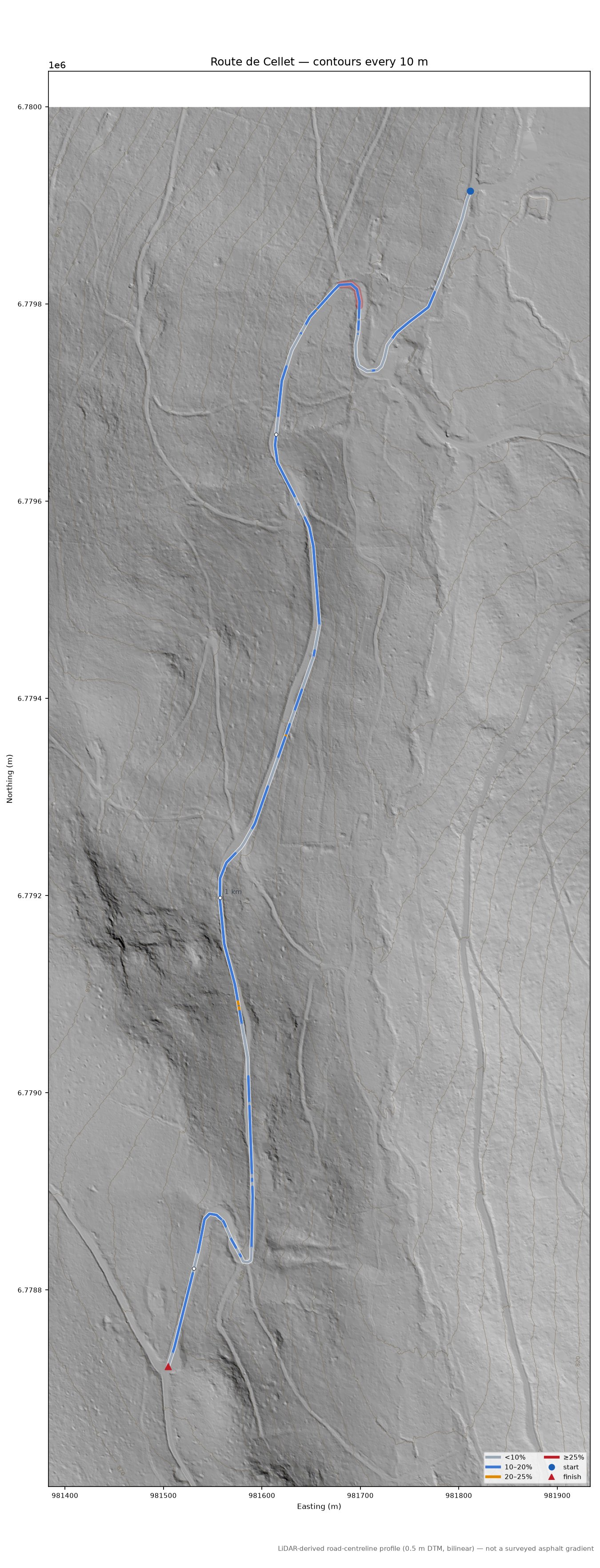 Route de Cellet LiDAR hillshade map with contours