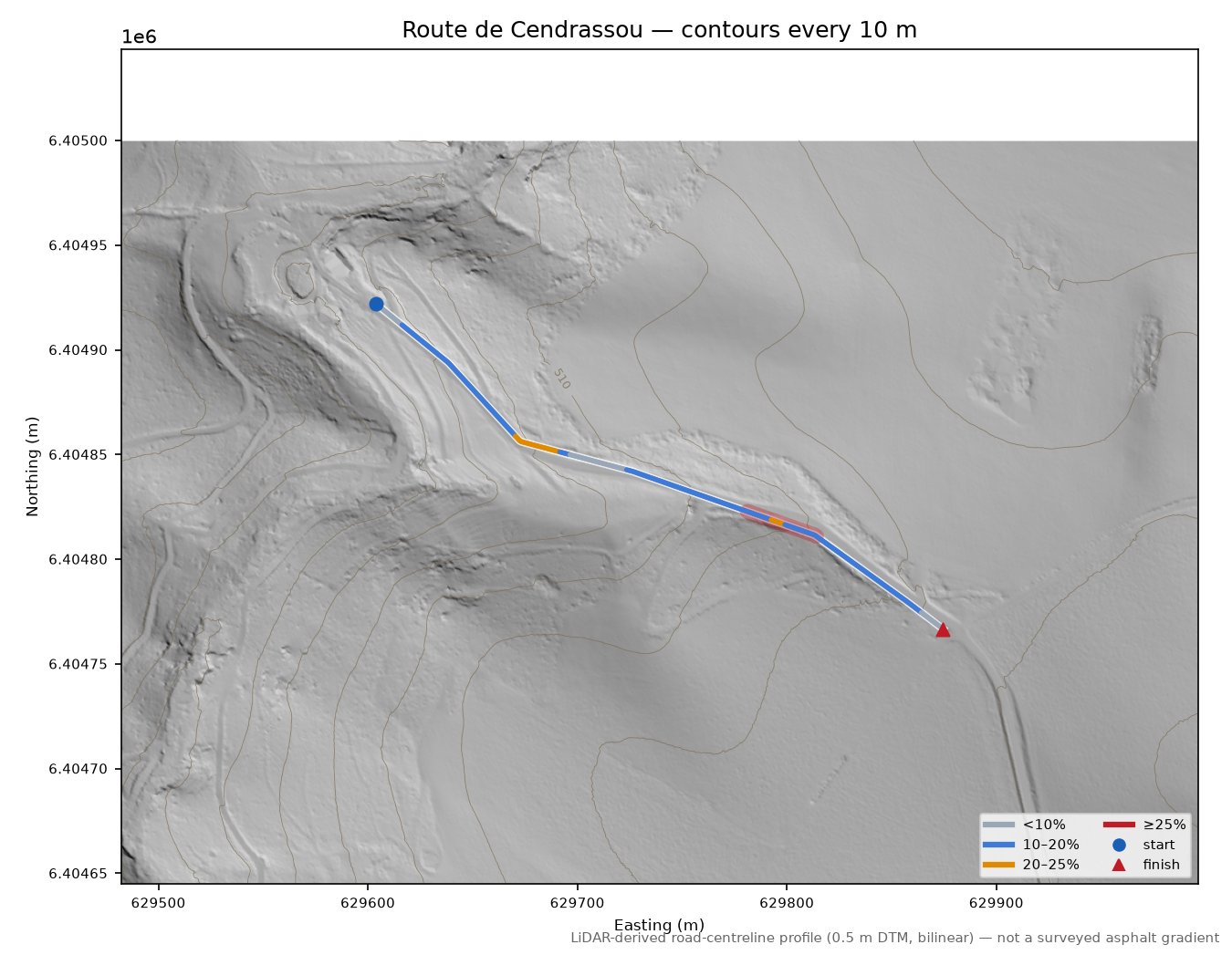 Route de Cendrassou LiDAR hillshade map with contours