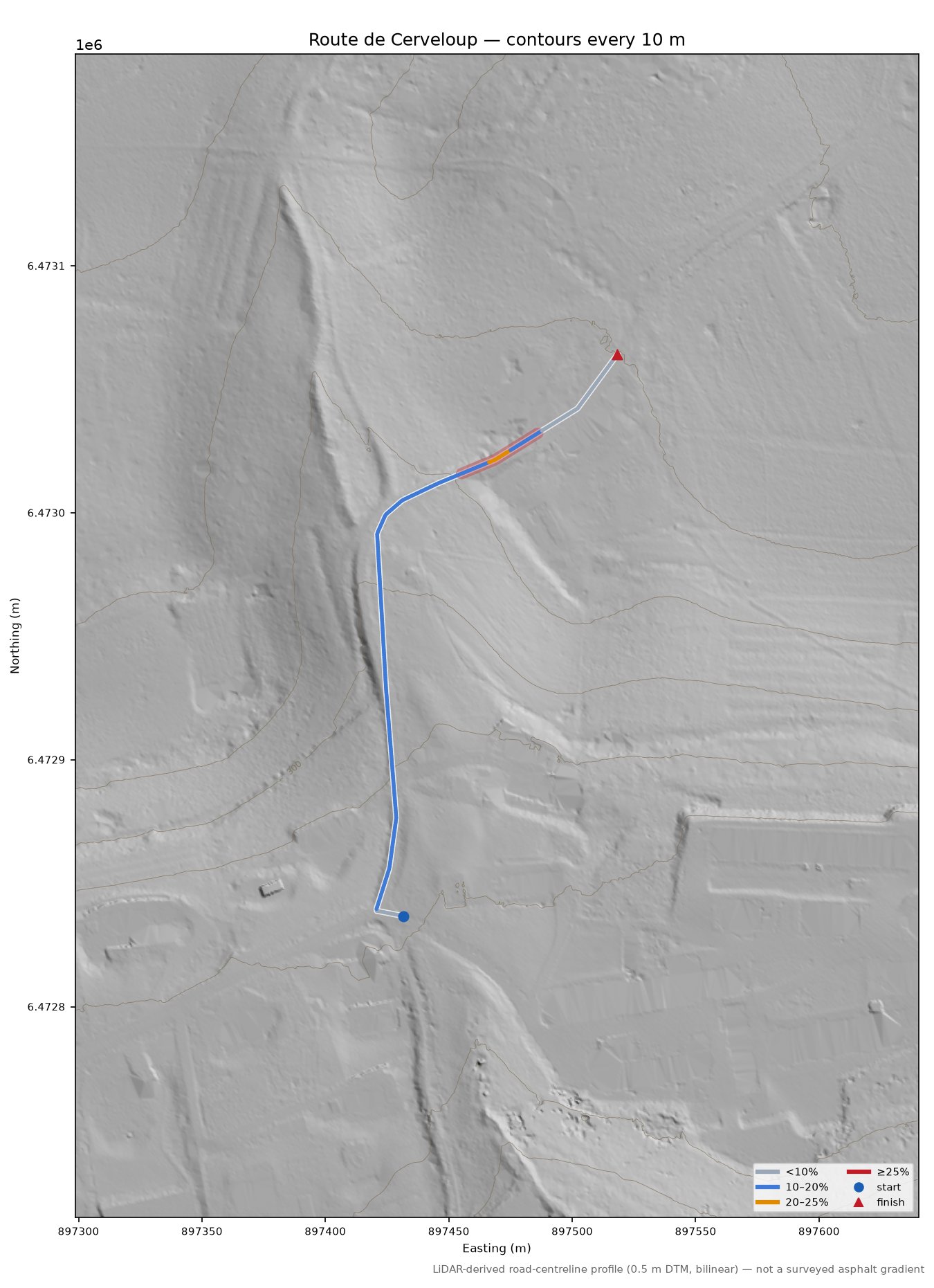 Route de Cerveloup LiDAR hillshade map with contours