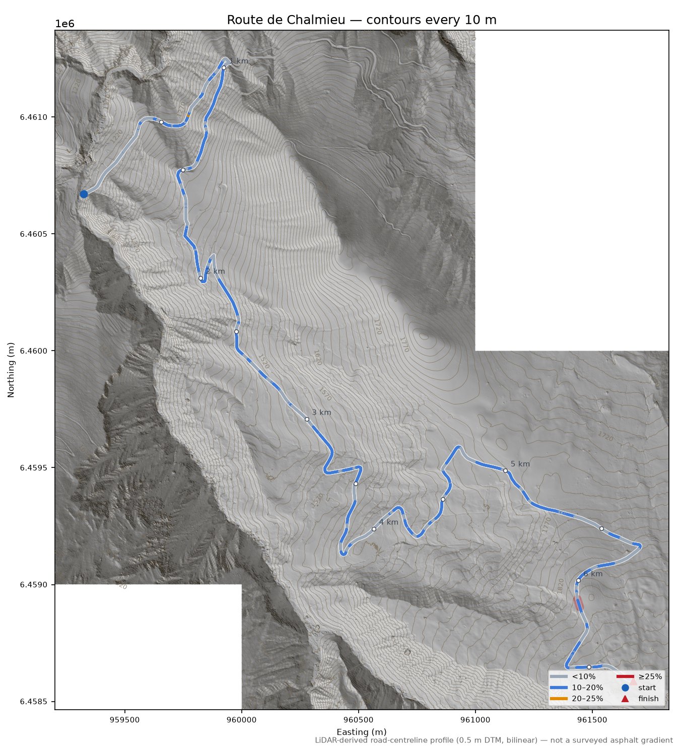 Route de Chalmieu LiDAR hillshade map with contours