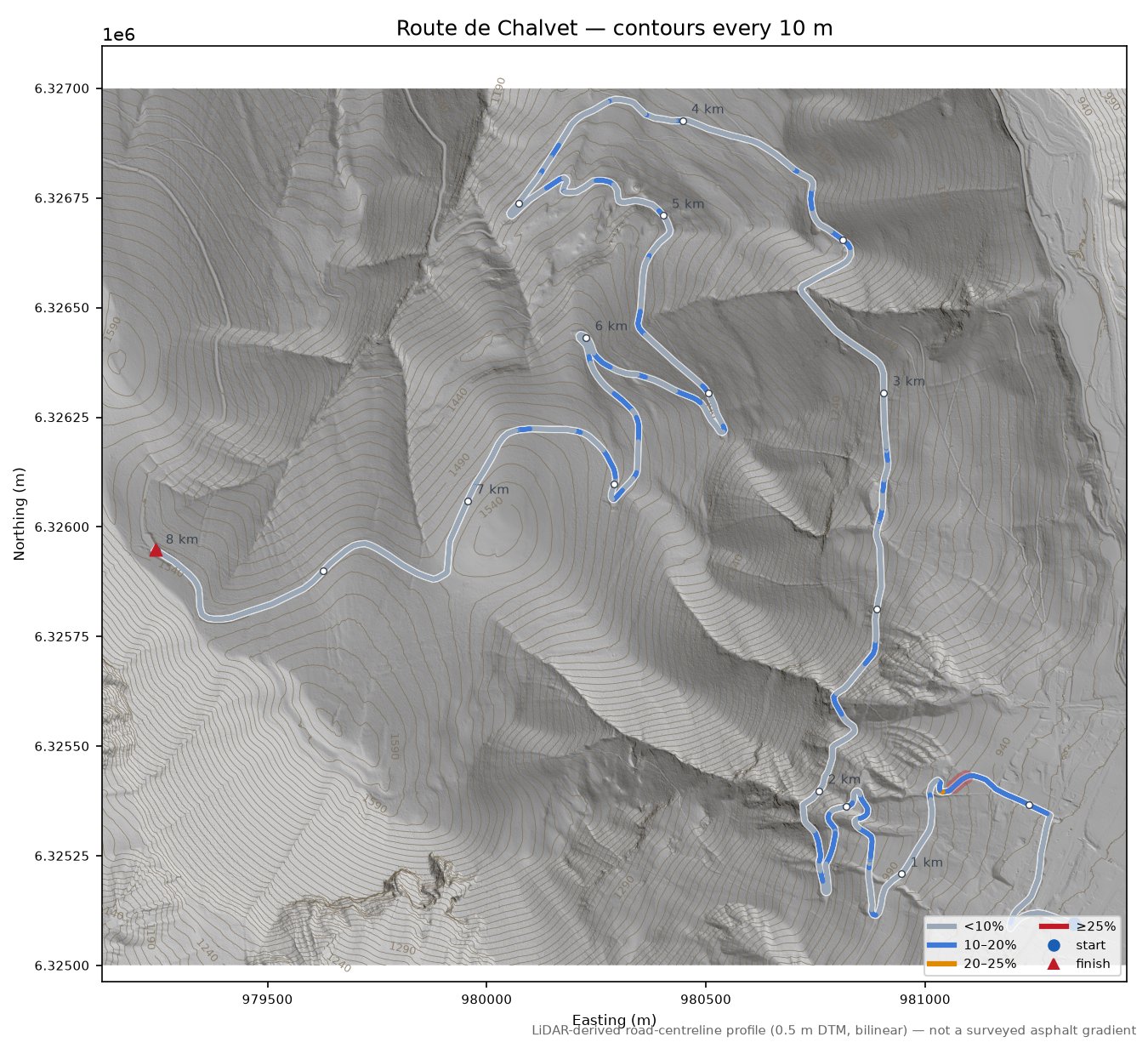 Route de Chalvet LiDAR hillshade map with contours