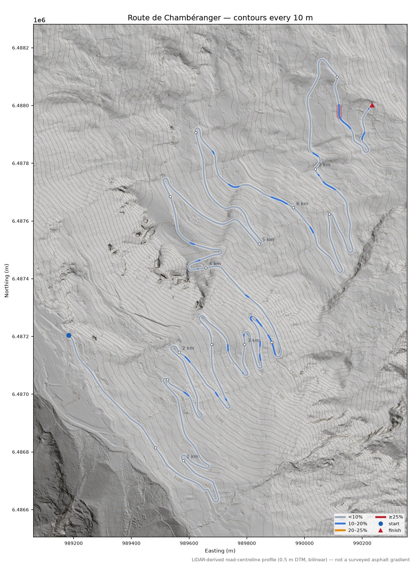 Route de Chambéranger LiDAR hillshade map with contours