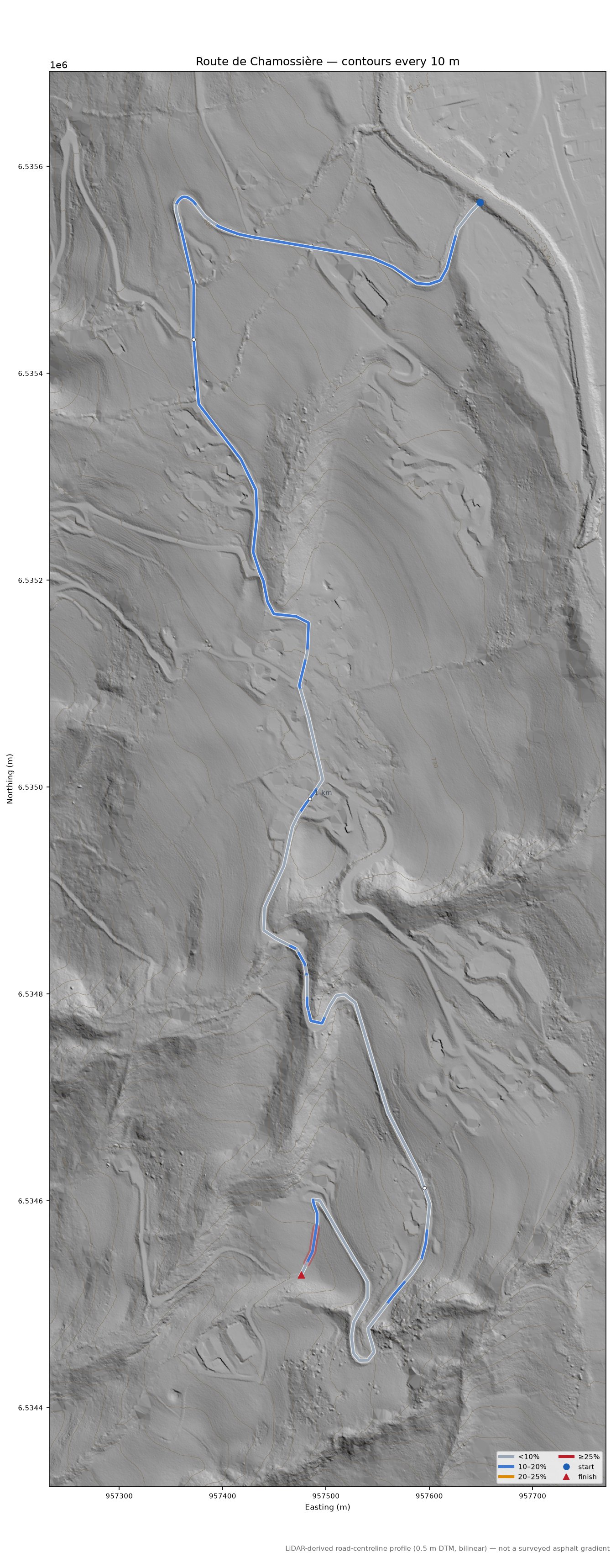 Route de Chamossière LiDAR hillshade map with contours