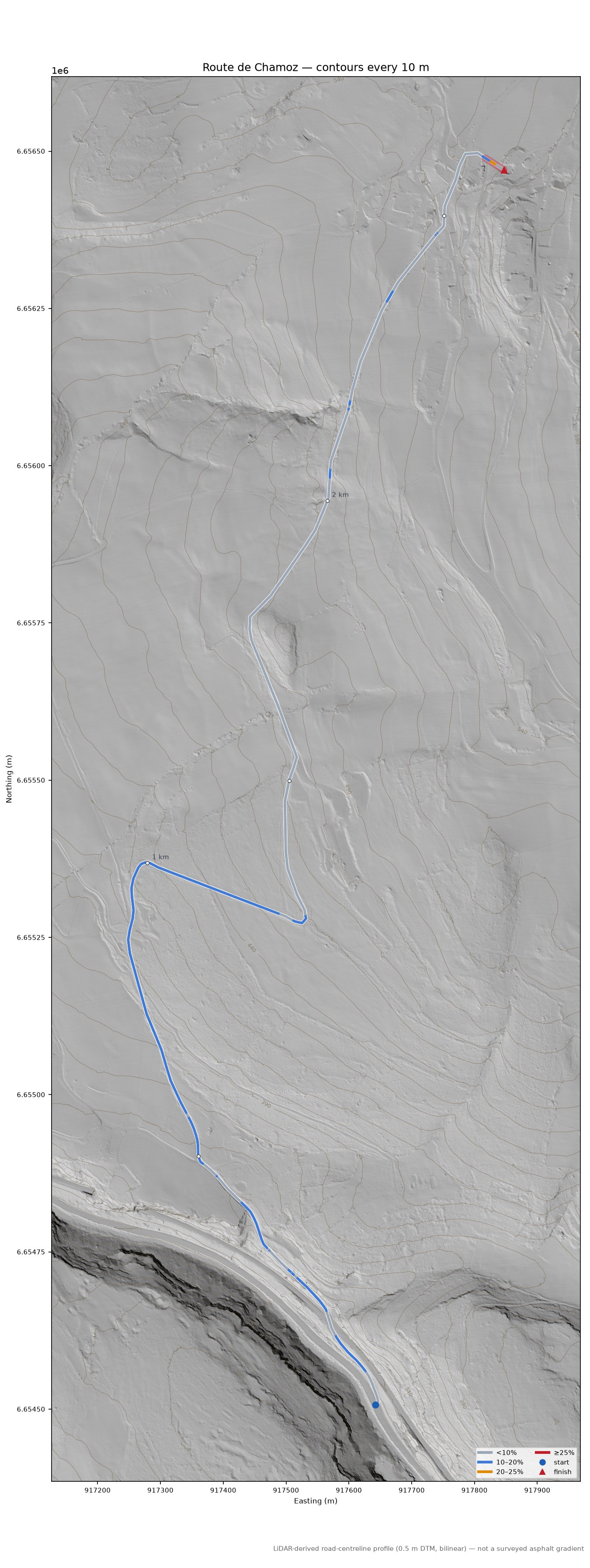Route de Chamoz LiDAR hillshade map with contours