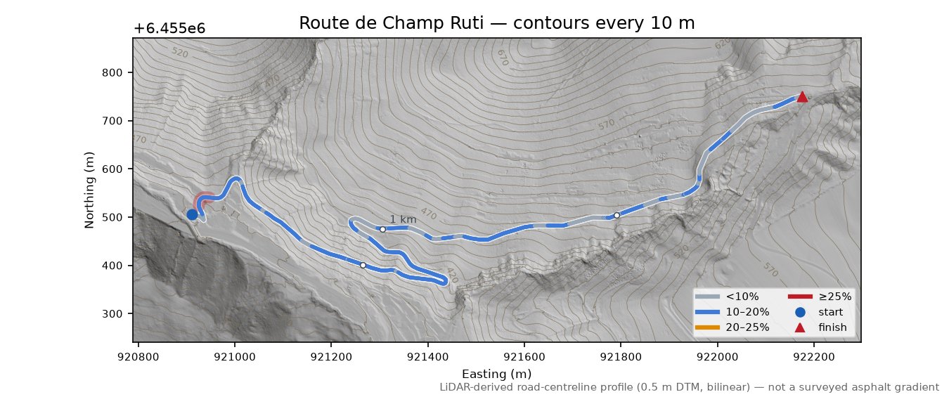 Route de Champ Ruti LiDAR hillshade map with contours