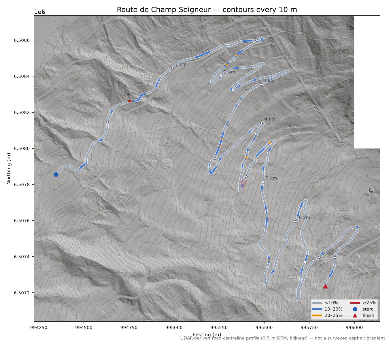 Route de Champ Seigneur LiDAR hillshade map with contours