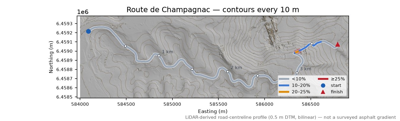 Route de Champagnac LiDAR hillshade map with contours
